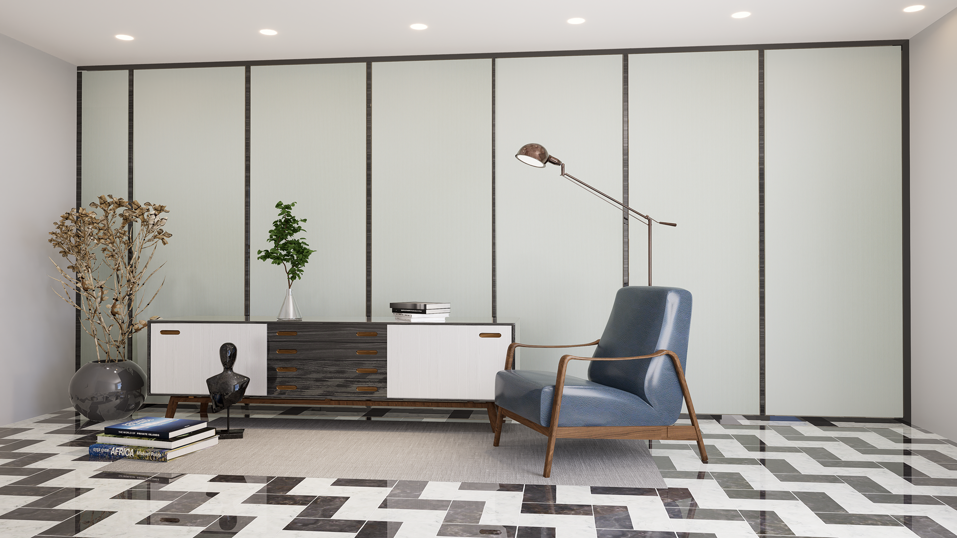 Green matte fluted laminate wall panels with vertical grooves and subtle texture in a modern minimalist interior setting
