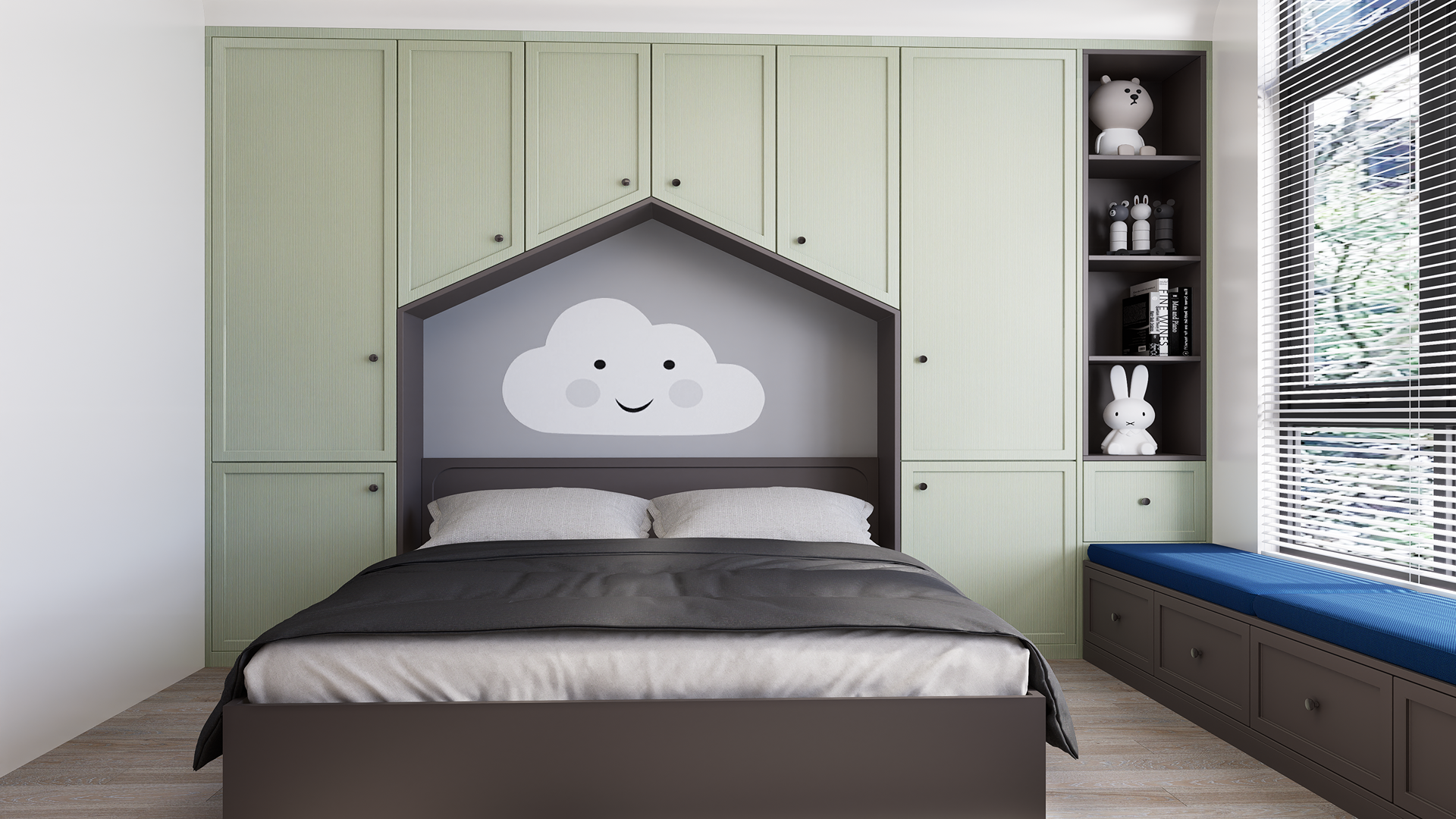 Green fluted laminate cabinet doors with matte finish in a bedroom setting with built-in storage and window seat