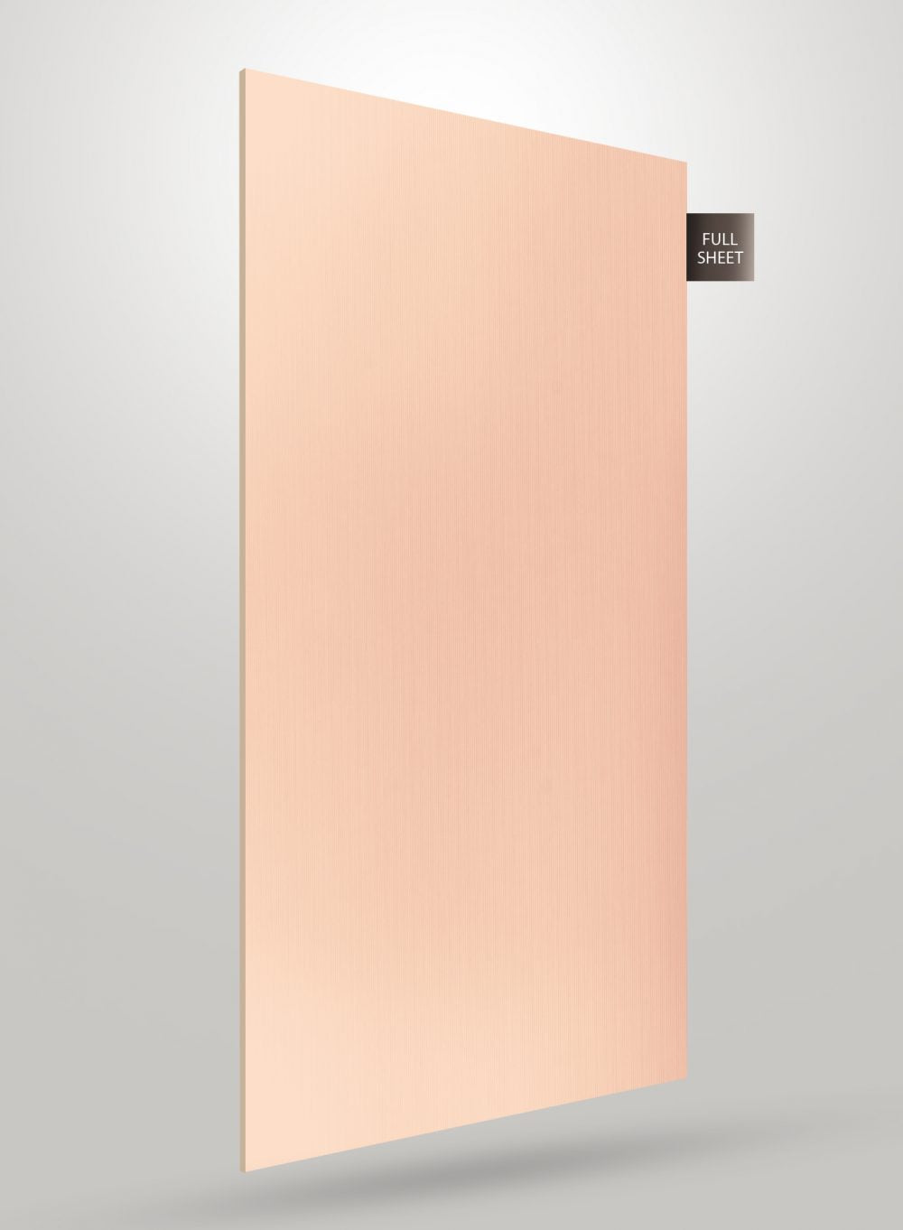 Pink matte fluted laminate sheet with vertical ridges and smooth finish, displayed at an angle on gray background.