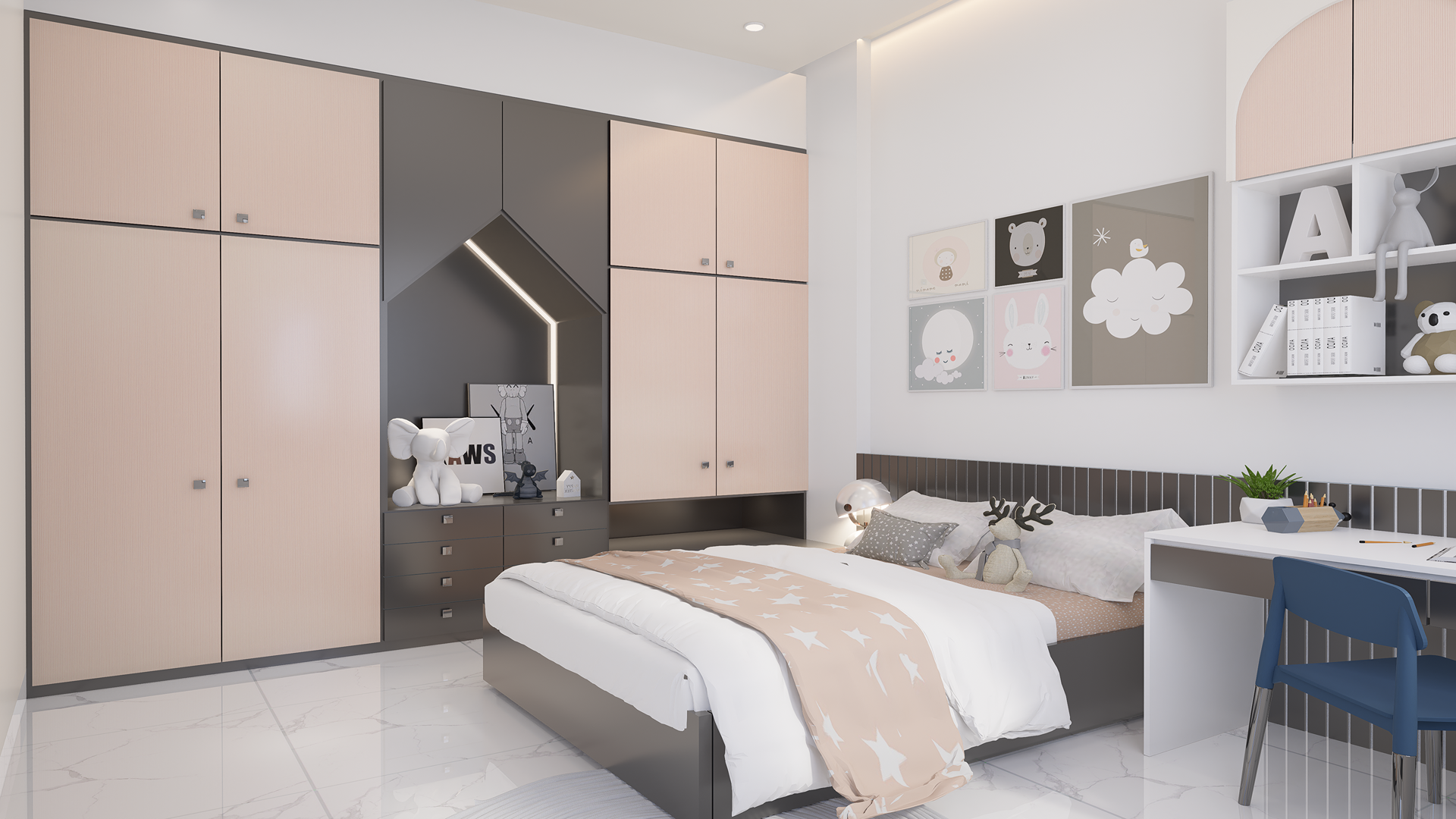 Pink fluted laminate used on modern bedroom cupboards with matte finish and textured surface.