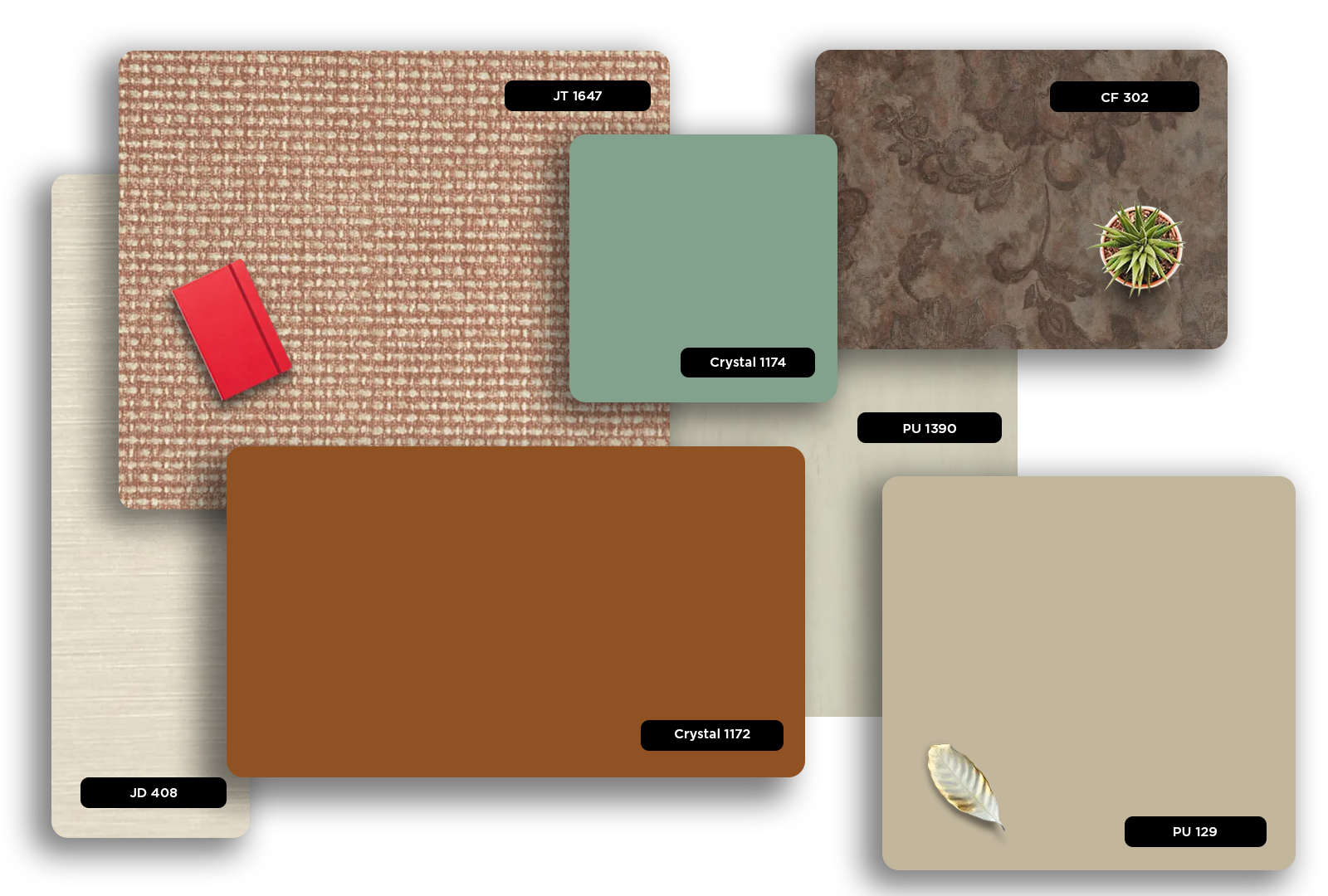 Brown matte laminate sheet with textured pattern, labeled JD 408, displayed alongside other laminate samples with various
