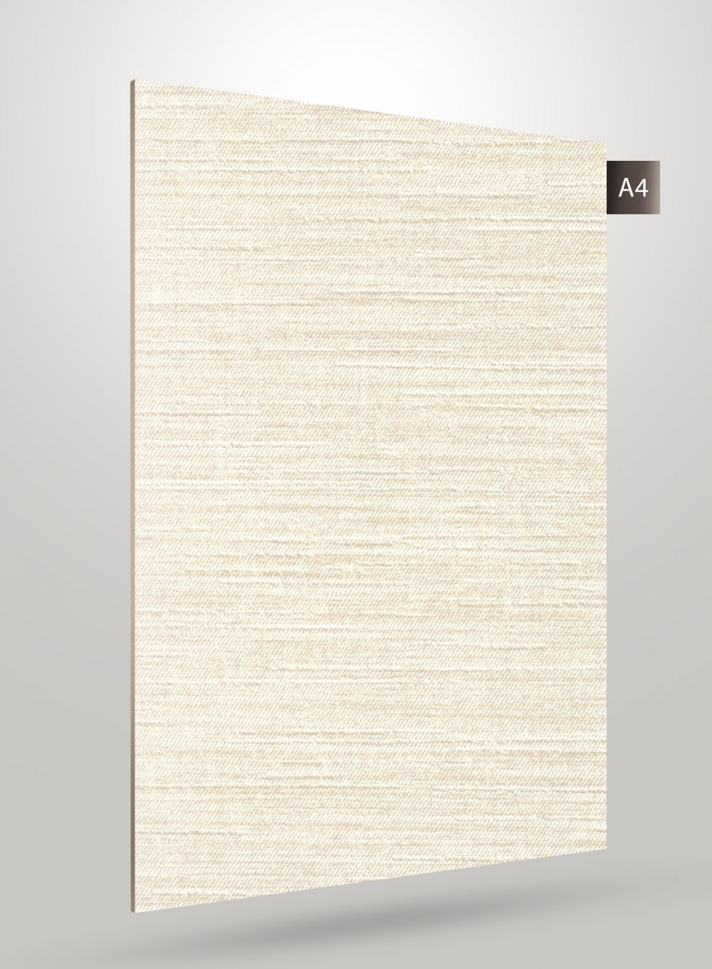 Beige patterned laminate sheet with textured finish and subtle horizontal lines, displayed at an angle.