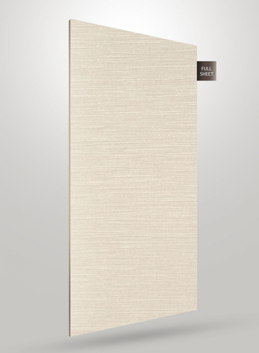 Matte beige laminate sheet with textured linear pattern and visible grain, displayed as full sheet.