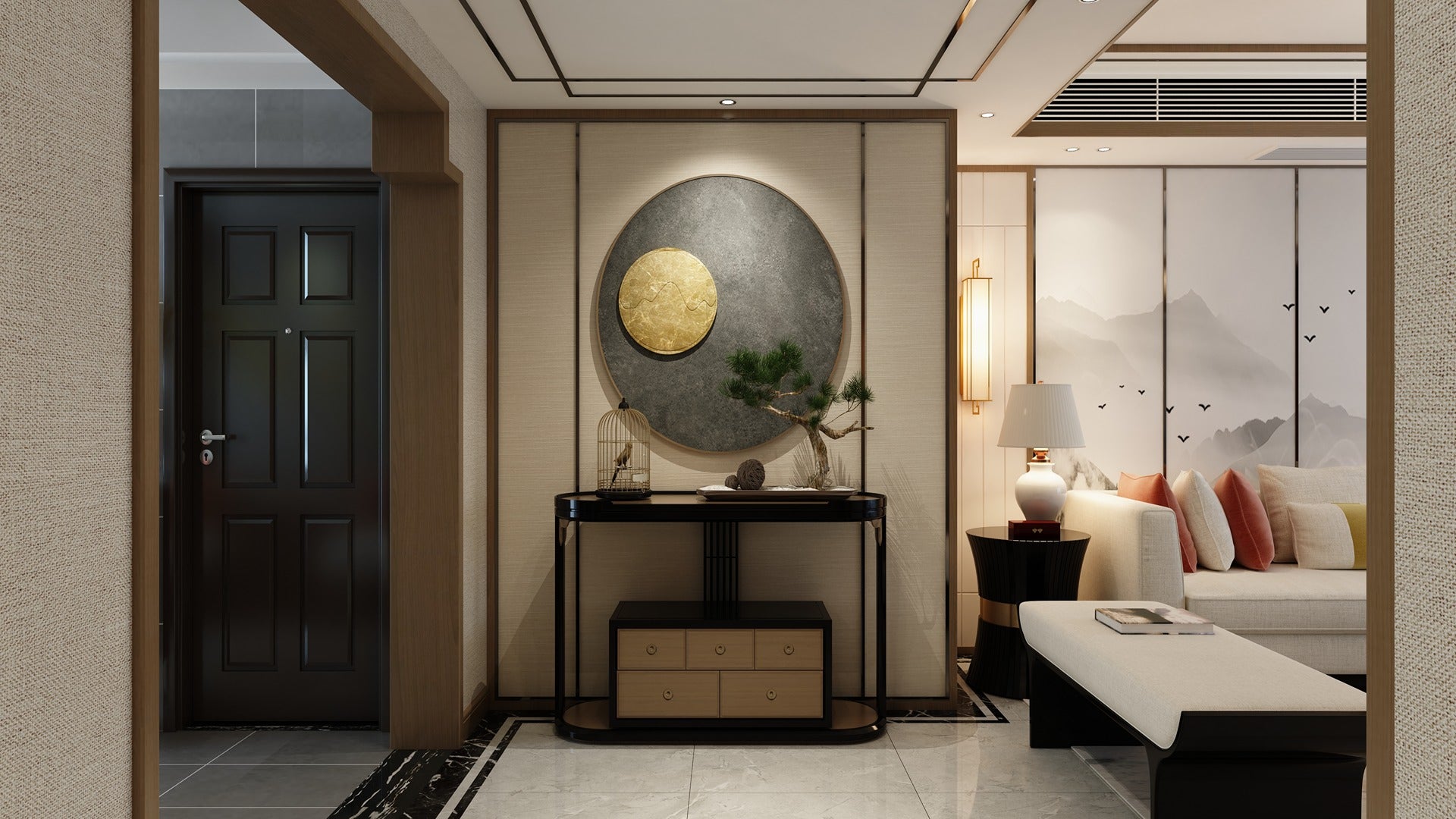Brown textured laminate wall panel with matte finish in modern living room interior design setting with decorative elements