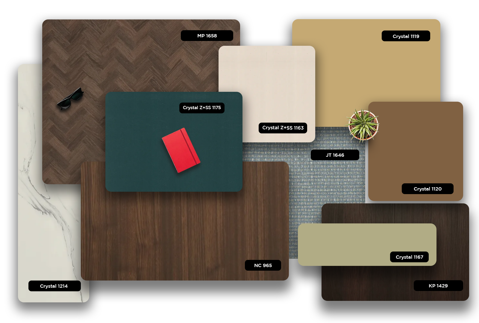 Brown patterned laminate with matte finish and herringbone design, showcasing various samples and decorative items on its