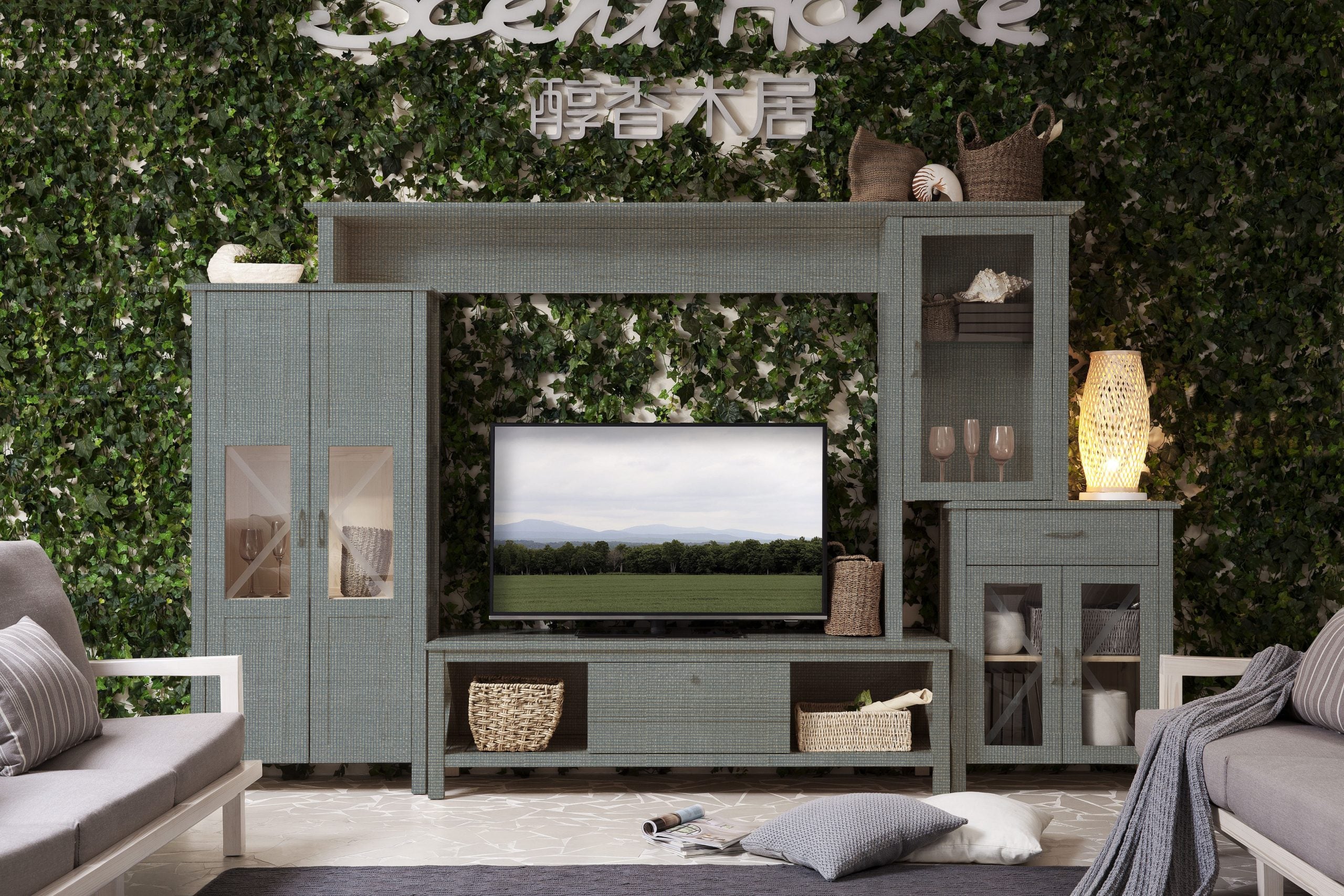 Brown patterned laminate with matte finish and textured design, used in a modern furniture piece with glass doors and