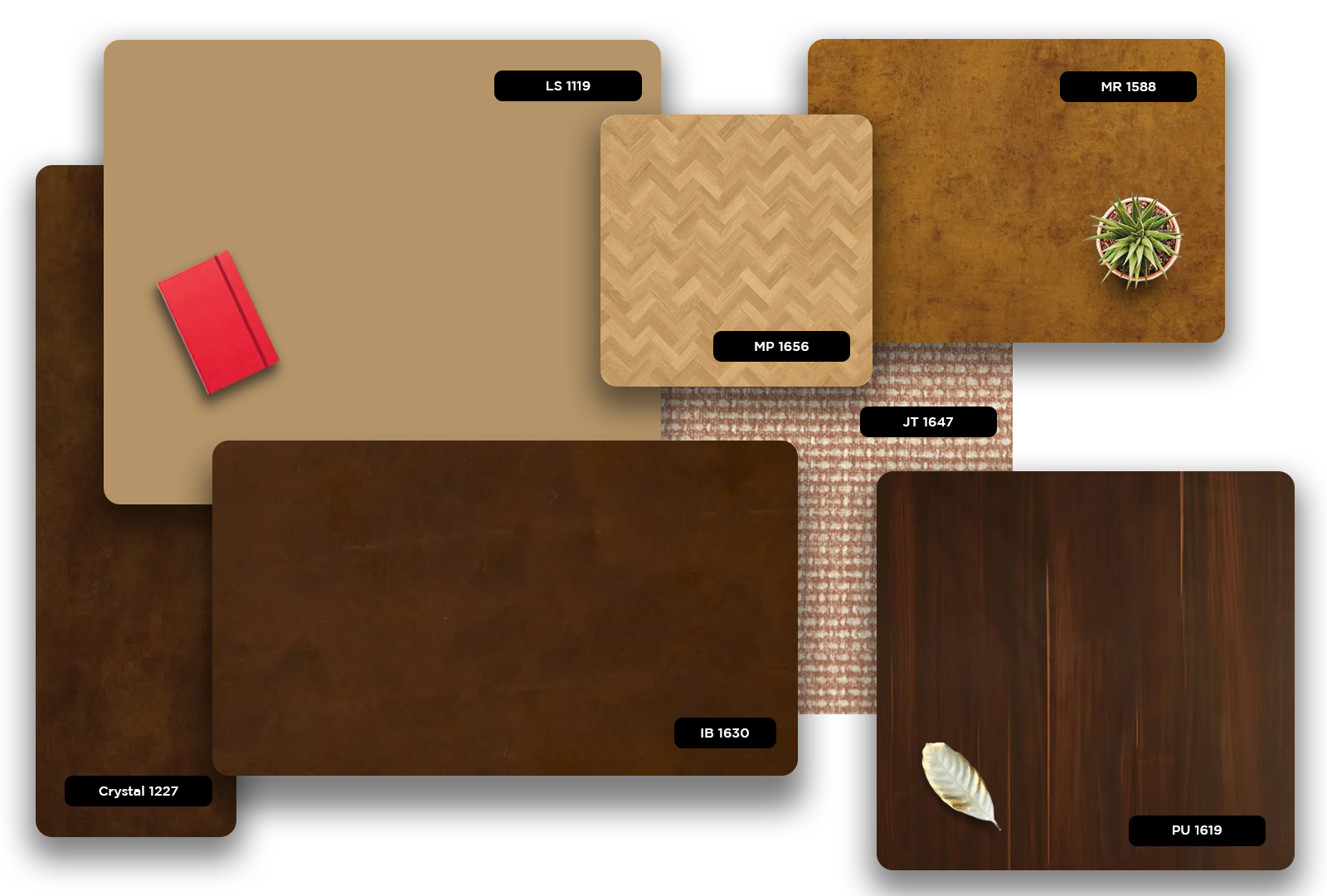 Brown patterned laminate sample with wood grain texture and matte finish, labeled JT 1647, displayed among various other