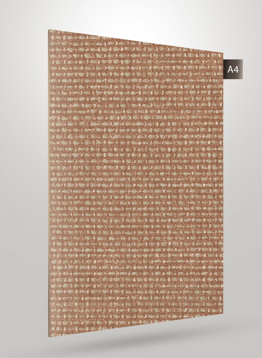 Brown patterned laminate with textured finish and subtle sheen, displaying a woven design on a matte surface.