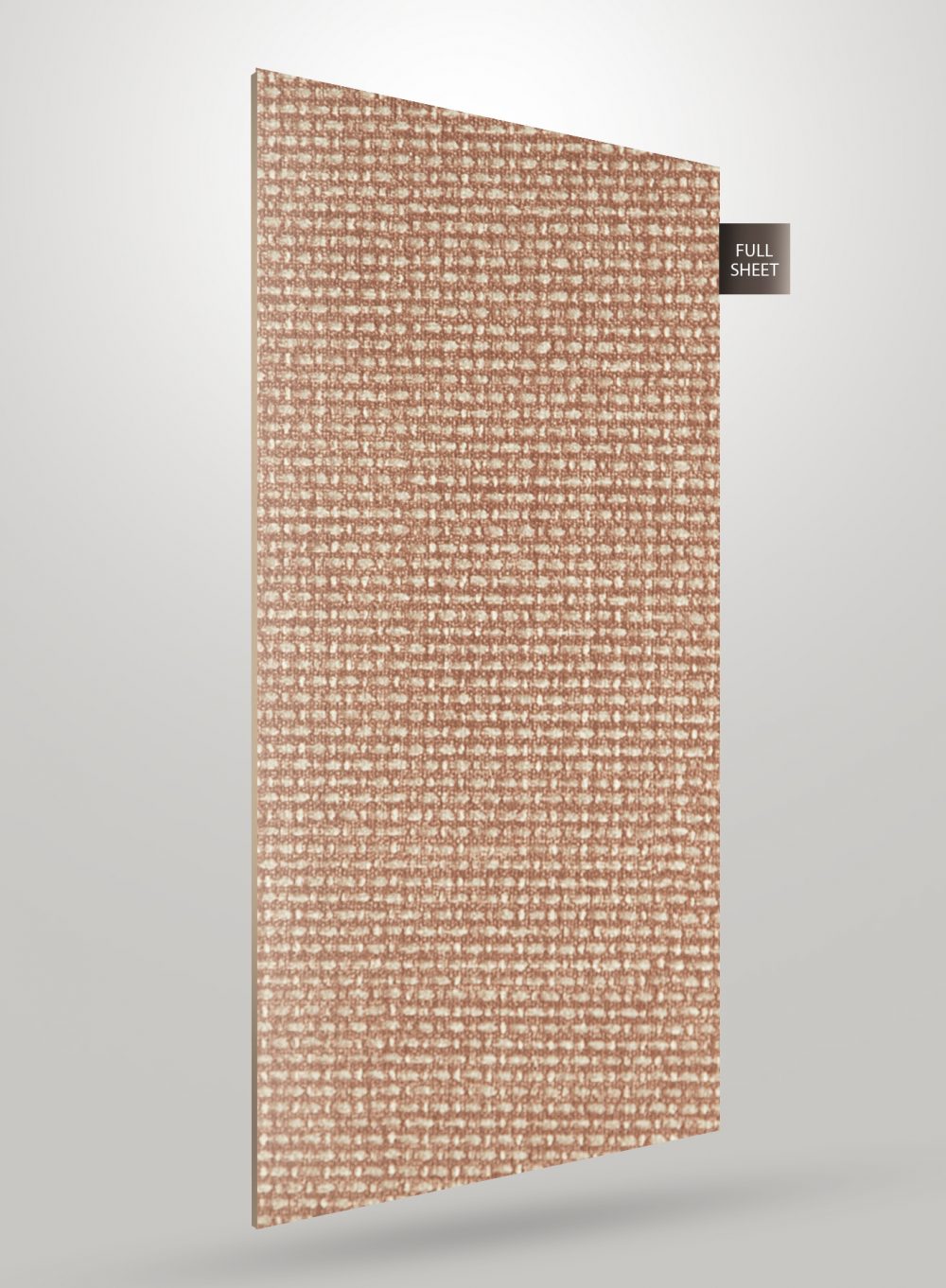 Brown patterned laminate sheet with textured finish and woven design displayed on a gray background with full sheet label.