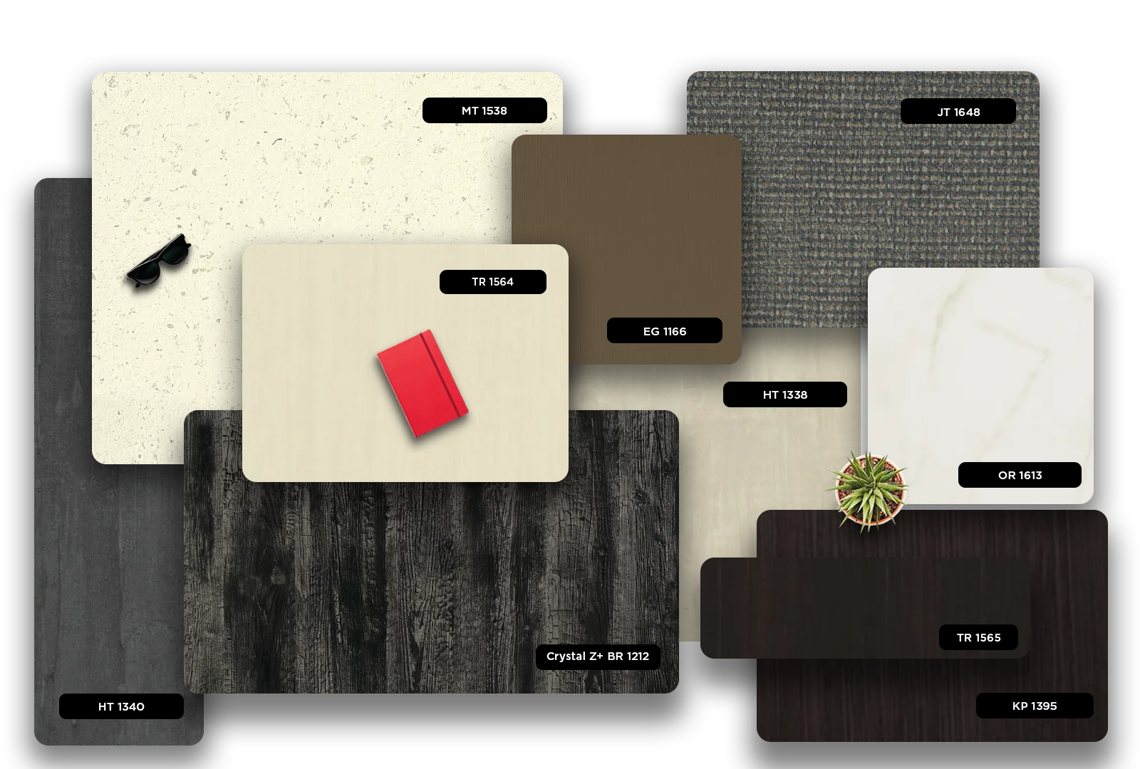 Multicolour patterned laminate with matte finish and textured design, showcasing various samples and decorative laminate