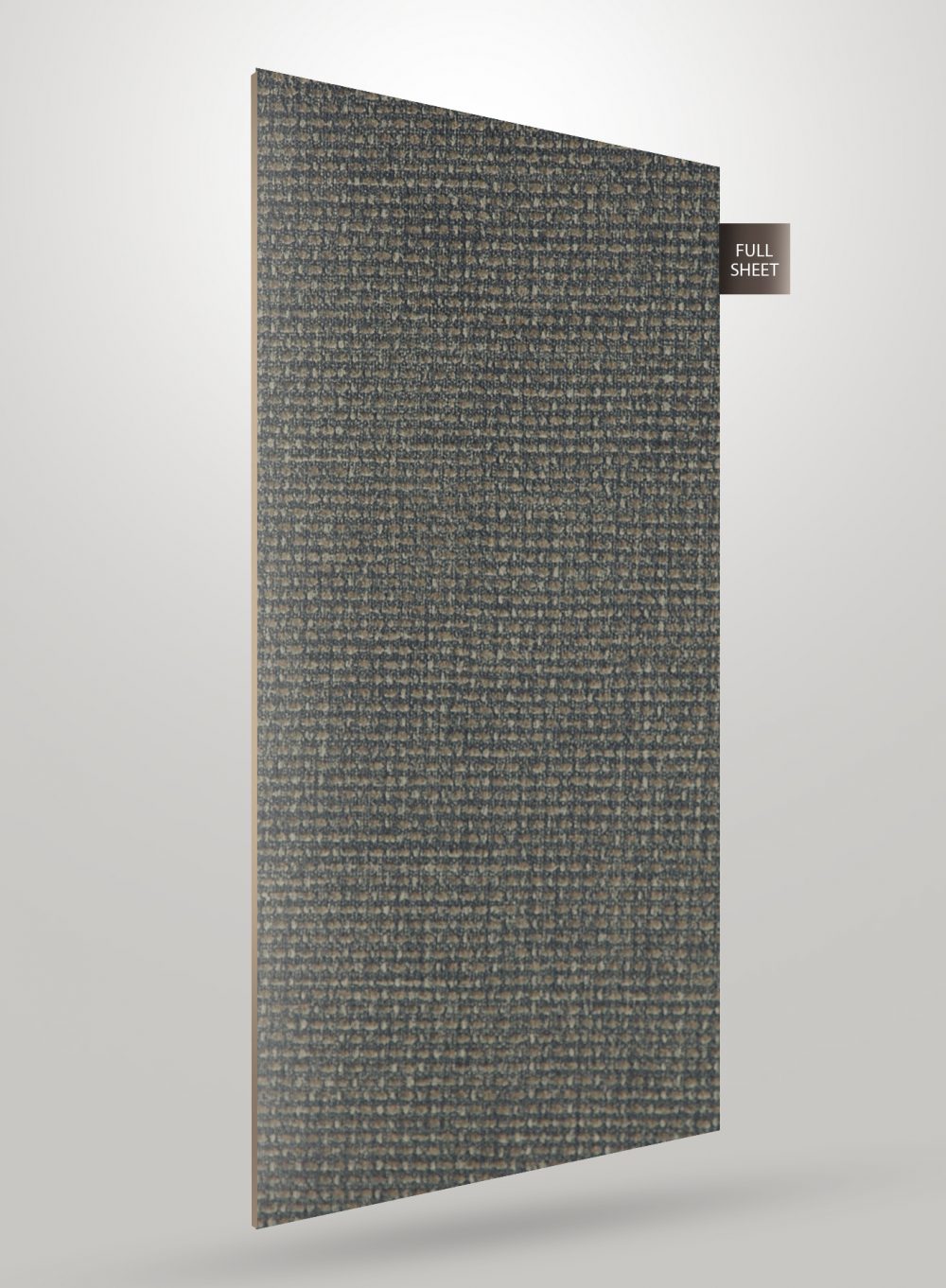 Multi-coloured patterned laminate sheet with textured finish and label indicating full sheet on a grey background.