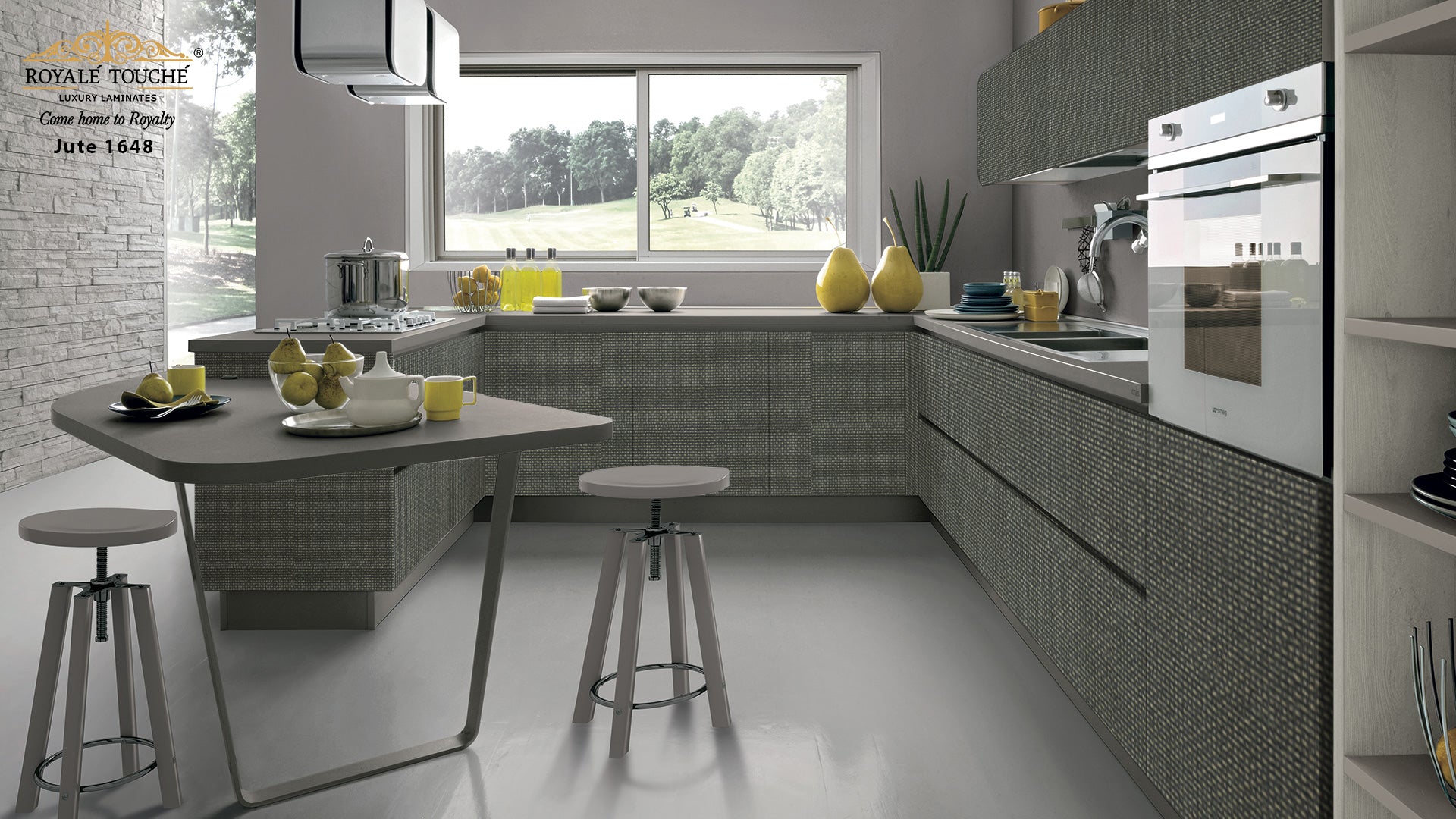 Multi-colored patterned laminate with matte finish used on kitchen cabinets and island in modern interior design setting.