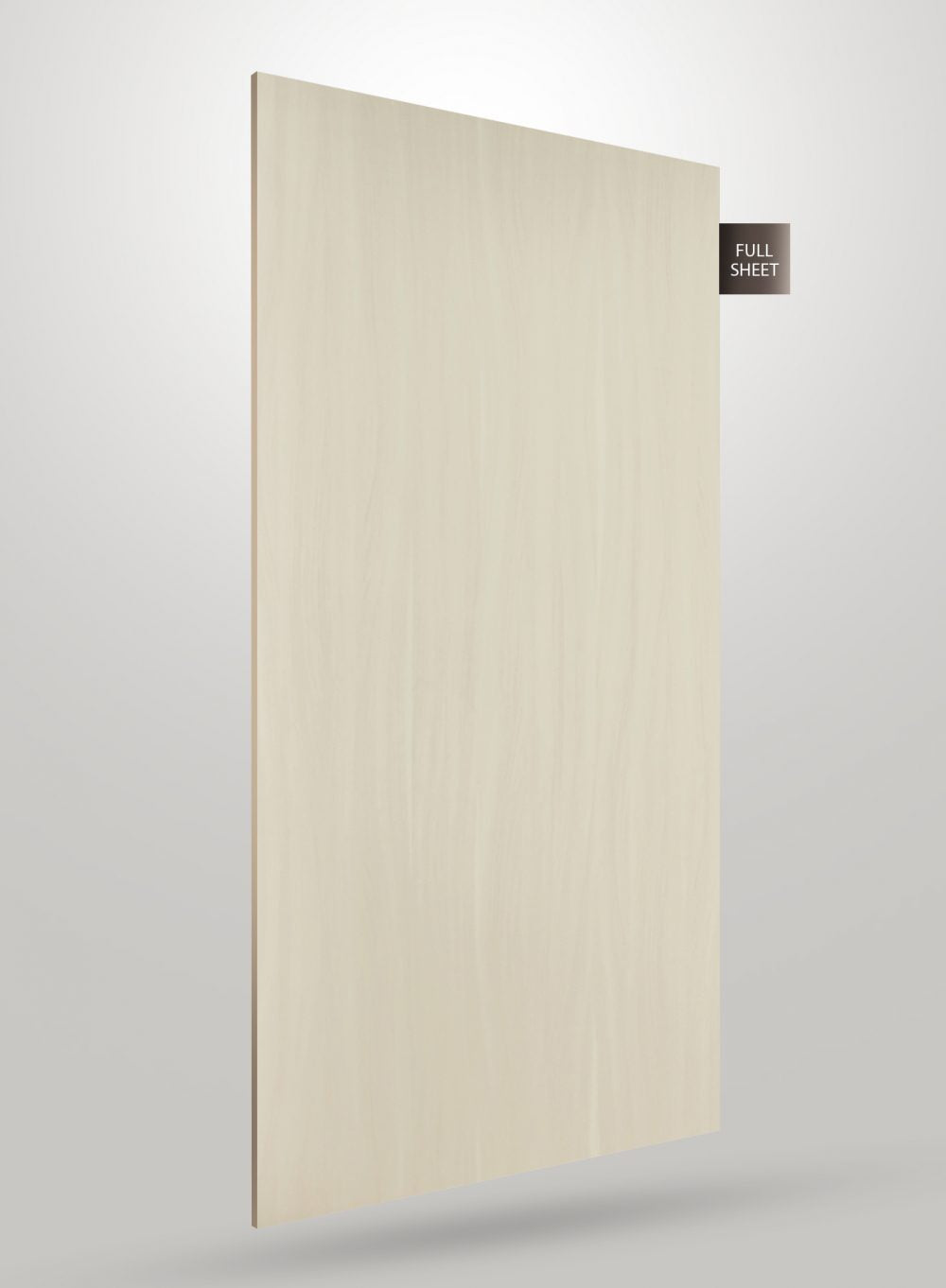 Matte wood grain decorative laminate sheet with light beige color and vertical wood texture pattern on full sheet display