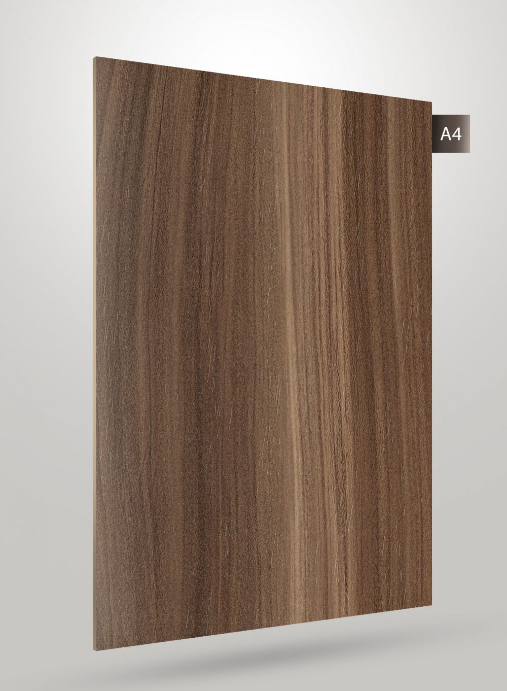 Brown wood grain decorative laminate with matte finish and visible texture, sample labelled A4.