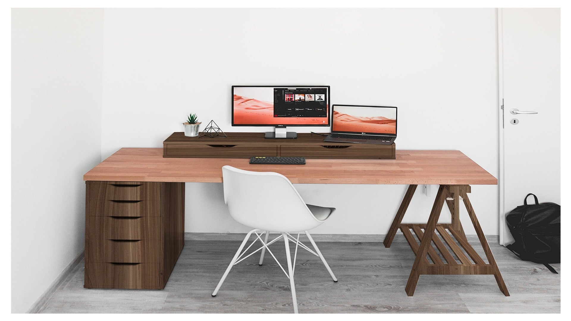 Wood laminate desk with matte finish and wood grain texture in a modern office setup with computer and chair.