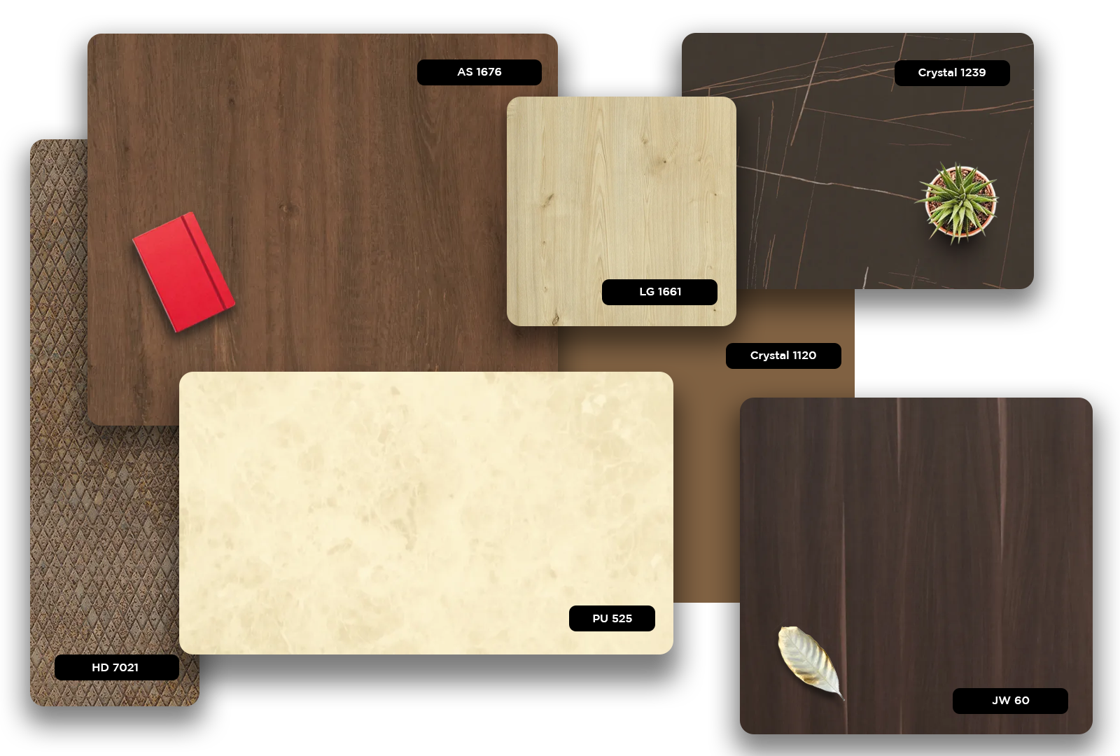 Brown wood grain laminate sheet with matte finish and visible wood texture JW 60 sample displayed with other designs