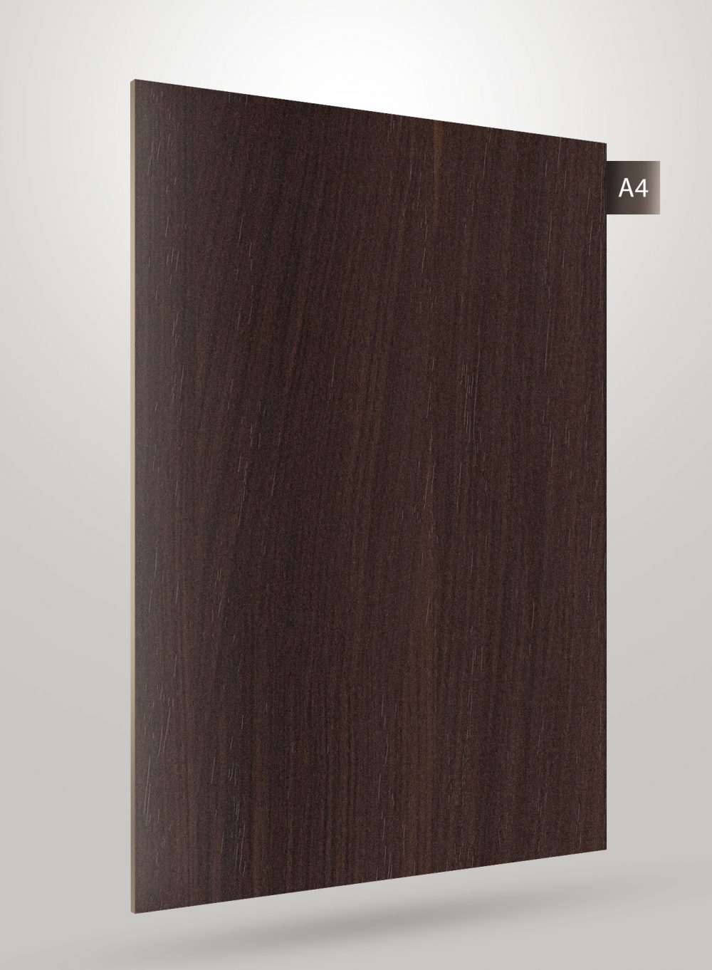 Dark brown wood grain decorative laminate with matte finish and visible wood texture.