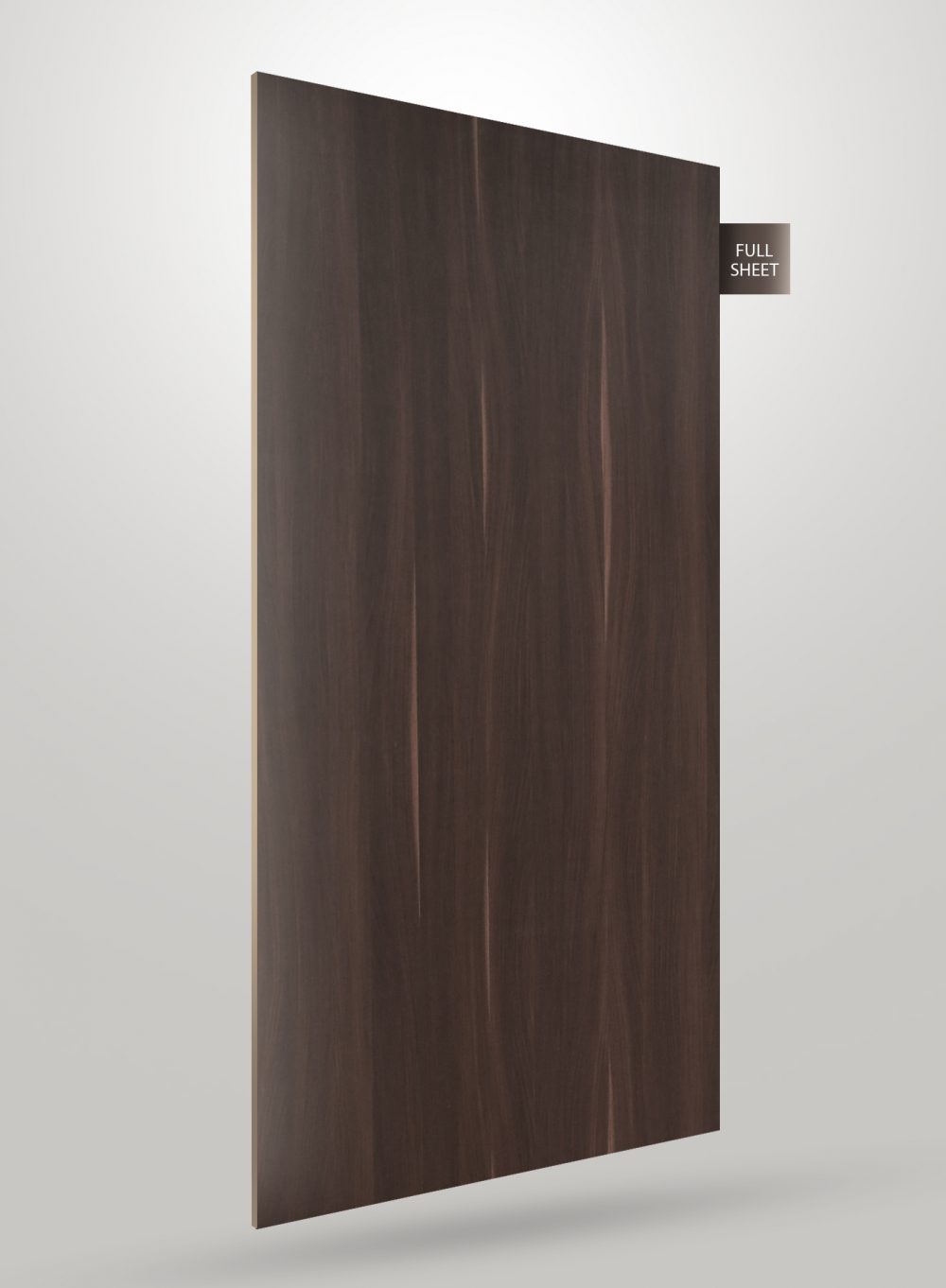 Dark brown wood grain laminate sheet with matte finish and visible wood texture, labeled full sheet.