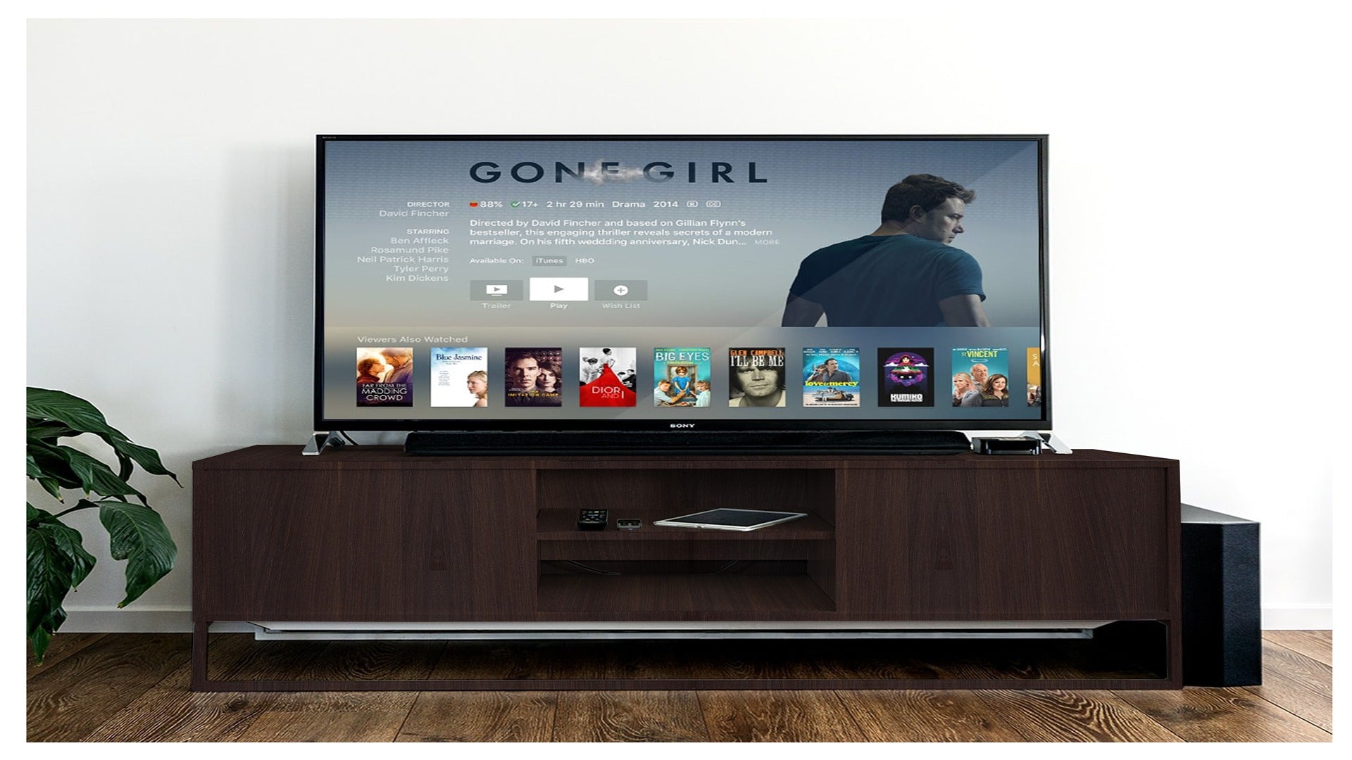 Dark wood laminate tv unit with matte finish and wood grain texture on cabinet doors and shelves in a living room