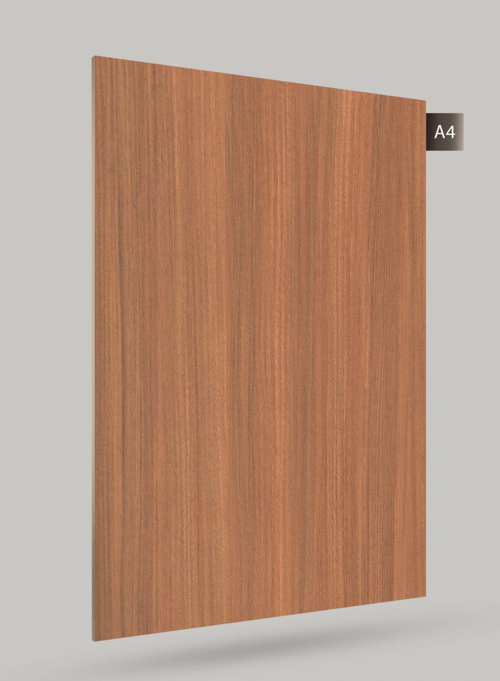 Brown wood grain decorative laminate with matte finish and vertical wood pattern texture on a grey background.