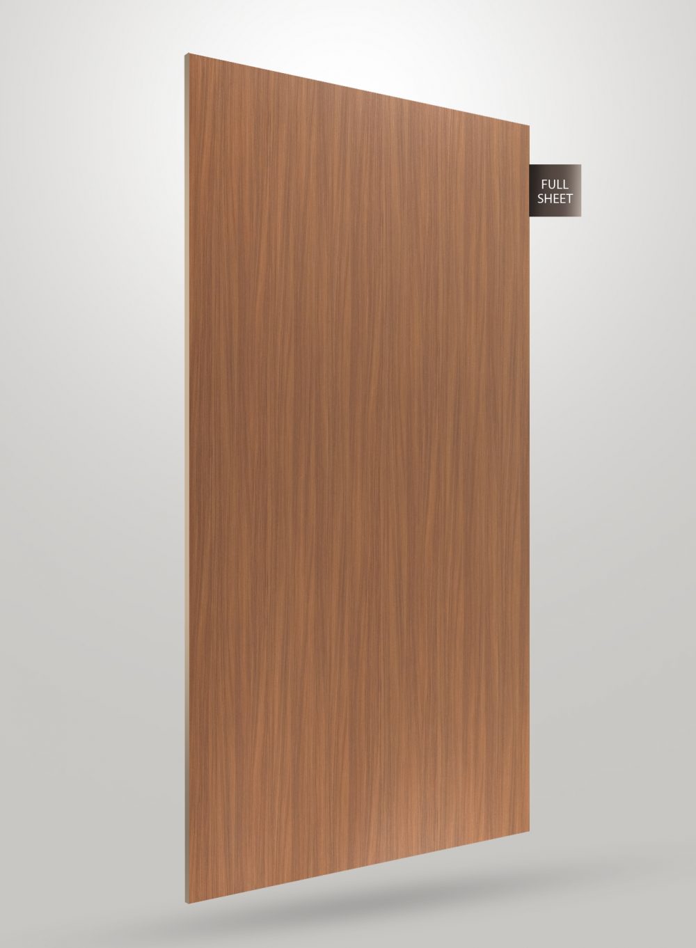 Brown wood grain laminate sheet with matte finish and vertical wood pattern, labeled full sheet.