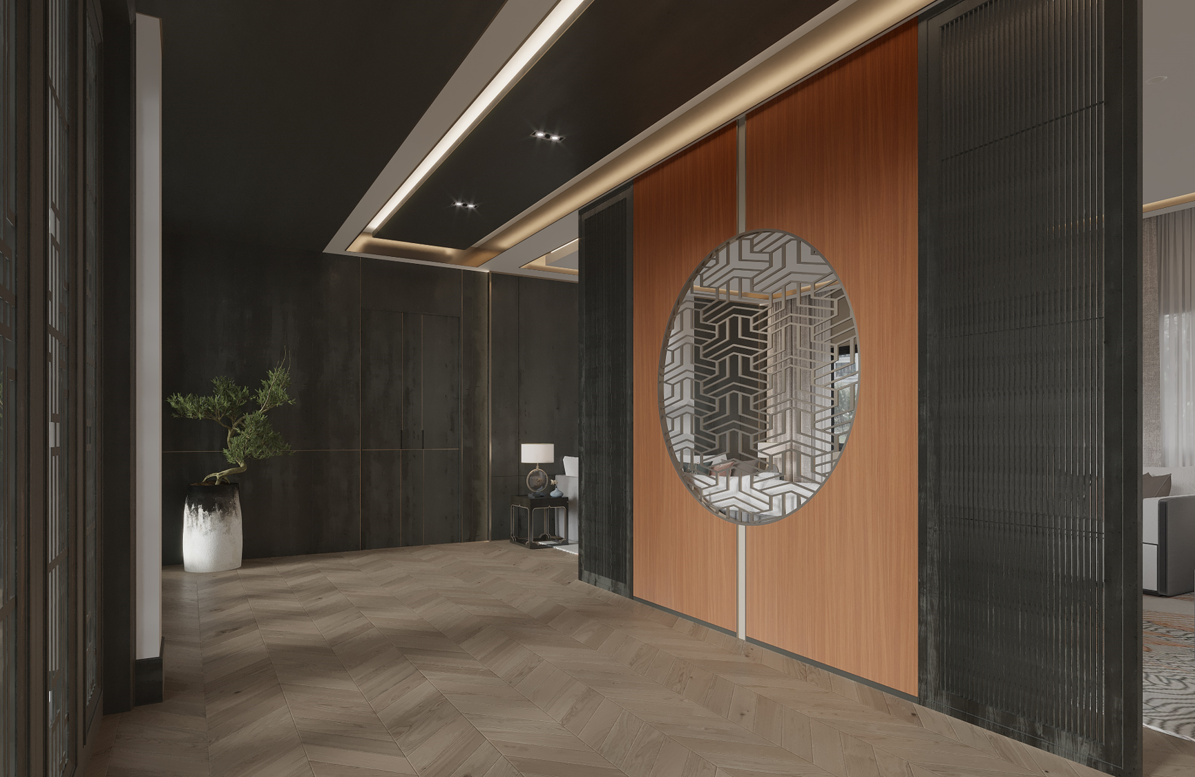 Brown wood laminate wall with matte finish and wood grain texture in modern interior setting with decorative mirror.