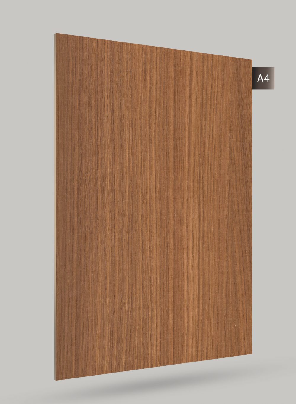 Brown wood grain decorative laminate with matte finish and vertical wood pattern on a grey background