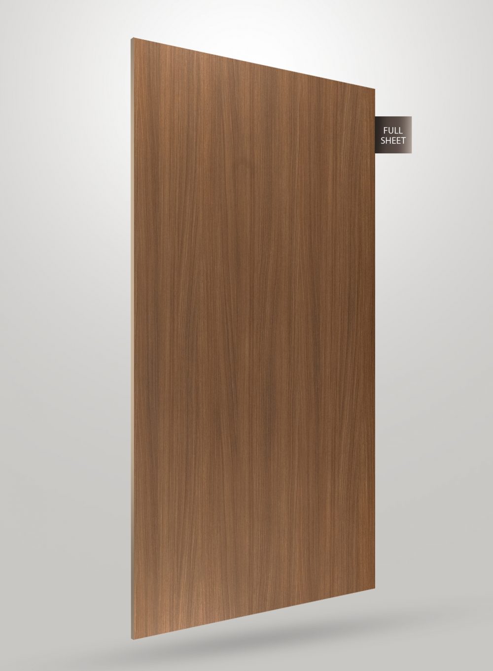 Brown wood grain decorative laminate sheet with matte finish and straight grain pattern visible on full sheet surface.