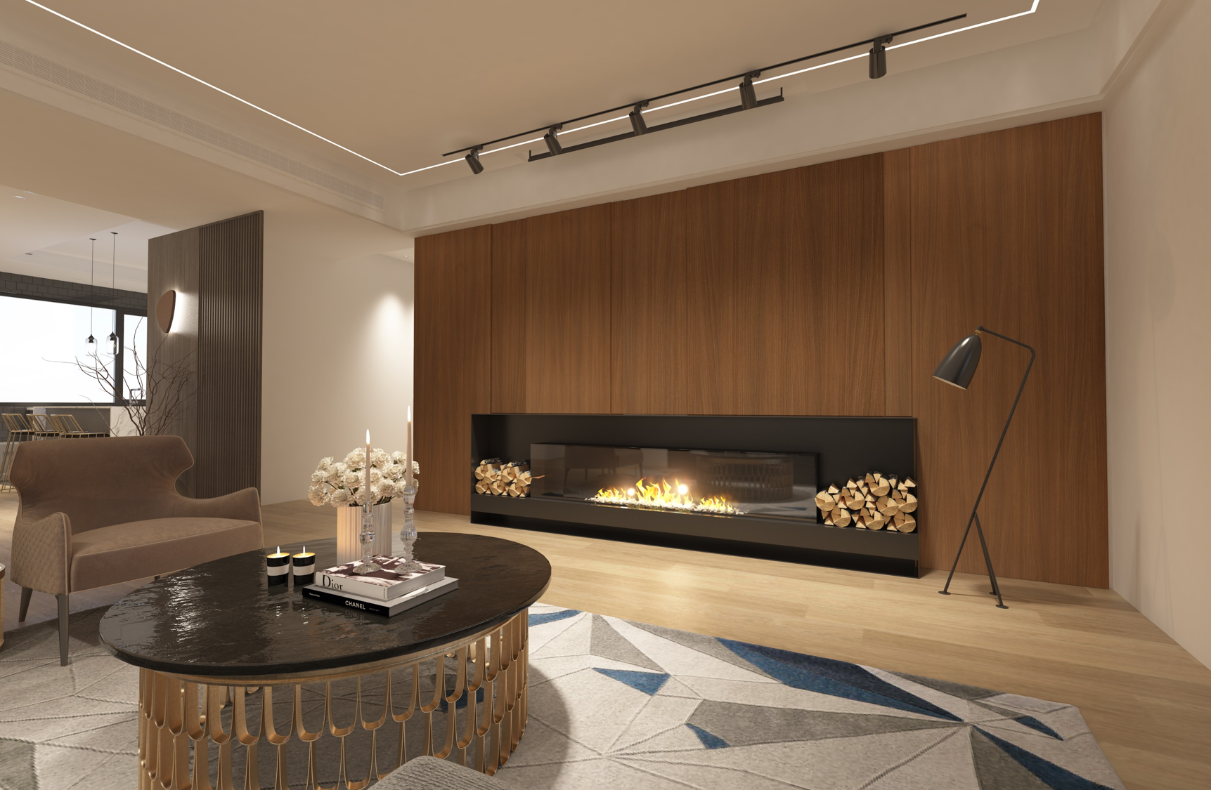 Brown wood laminate wall in modern living room with fireplace and minimalist decor, showcasing matte finish and wood grain