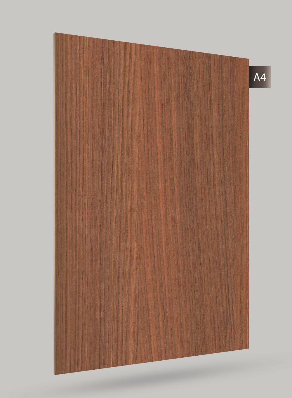 Brown wood grain decorative laminate with matte finish and vertical grain pattern on a square sample.