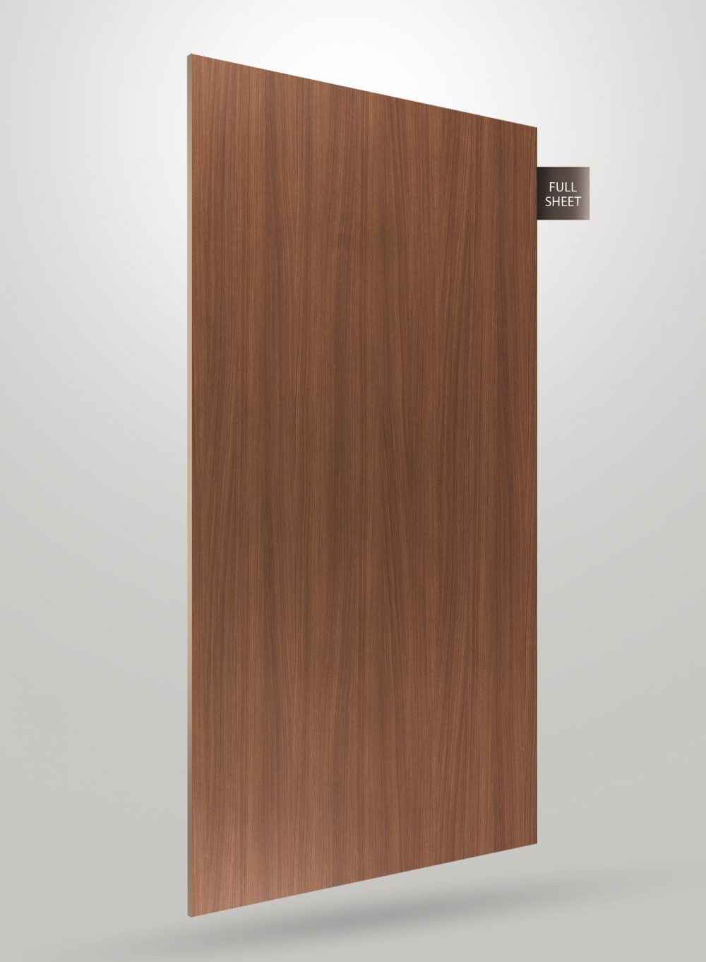 Brown wood grain decorative laminate sheet with matte finish and vertical wood pattern on a plain background
