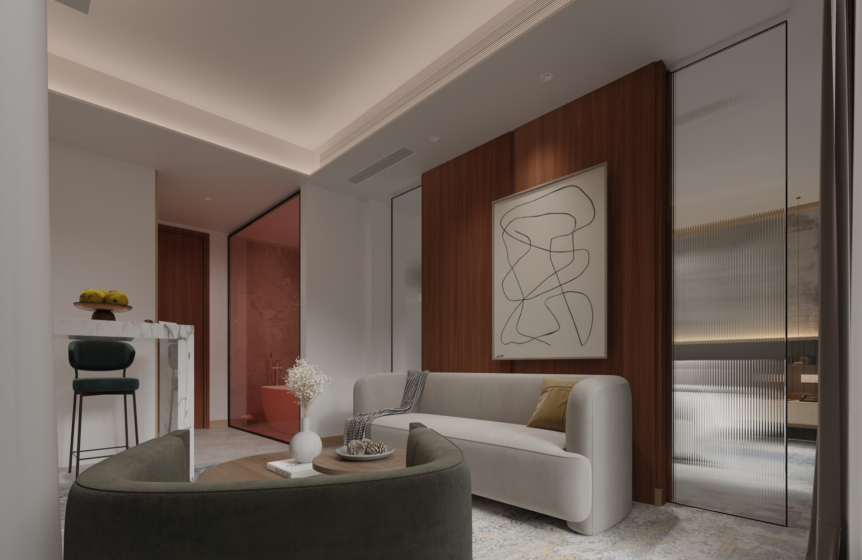 Brown wood laminate wall with matte finish in modern living room interior with minimalist decor and neutral color palette.