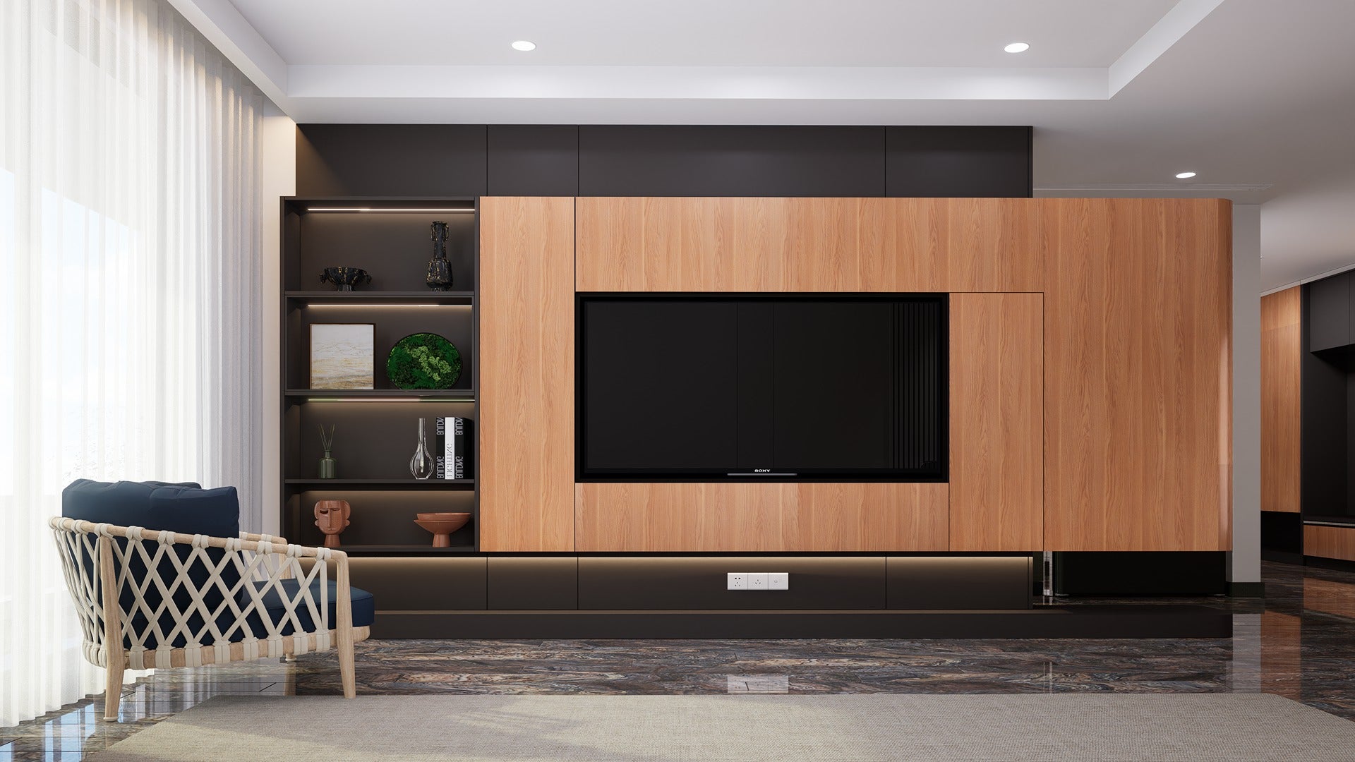 Brown wood grain laminate wall unit with matte finish in a modern living room setting with sleek decor and furniture.