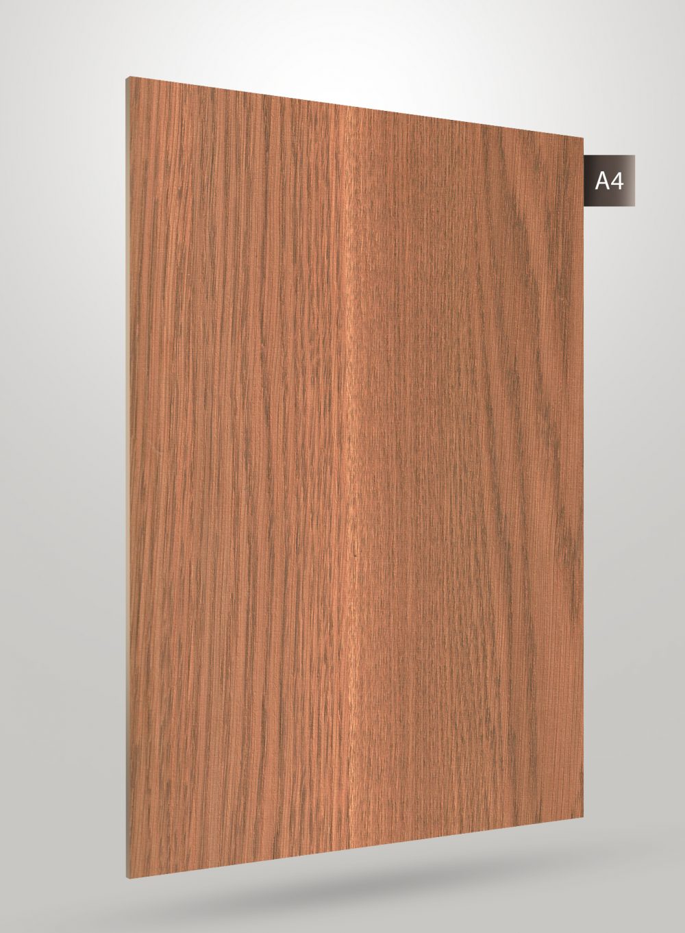 Brown wood grain decorative laminate with matte finish and vertical wood pattern texture on a square sheet.