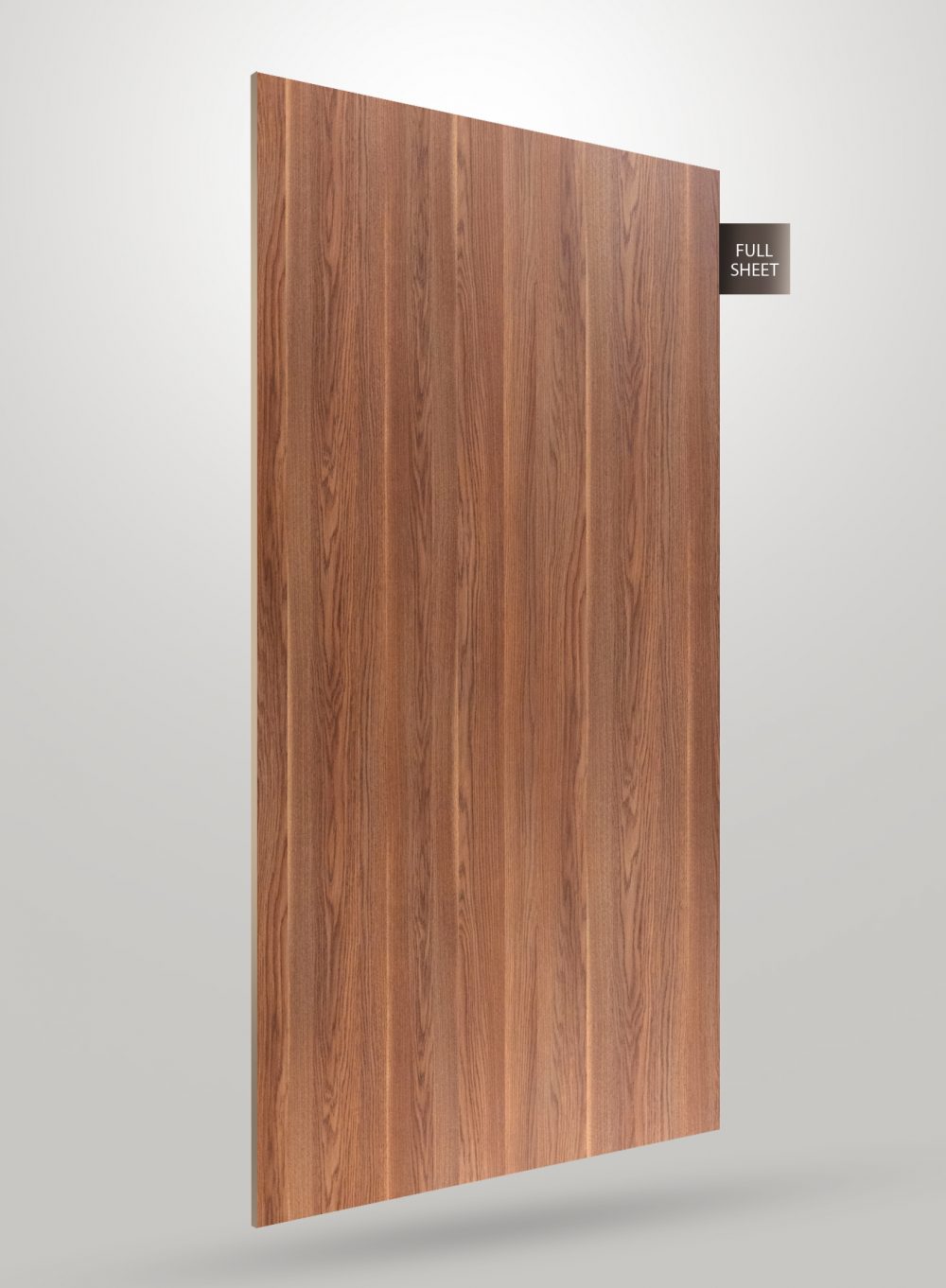 Brown wood grain laminate sheet with matte finish and vertical wood pattern, displayed as full sheet.