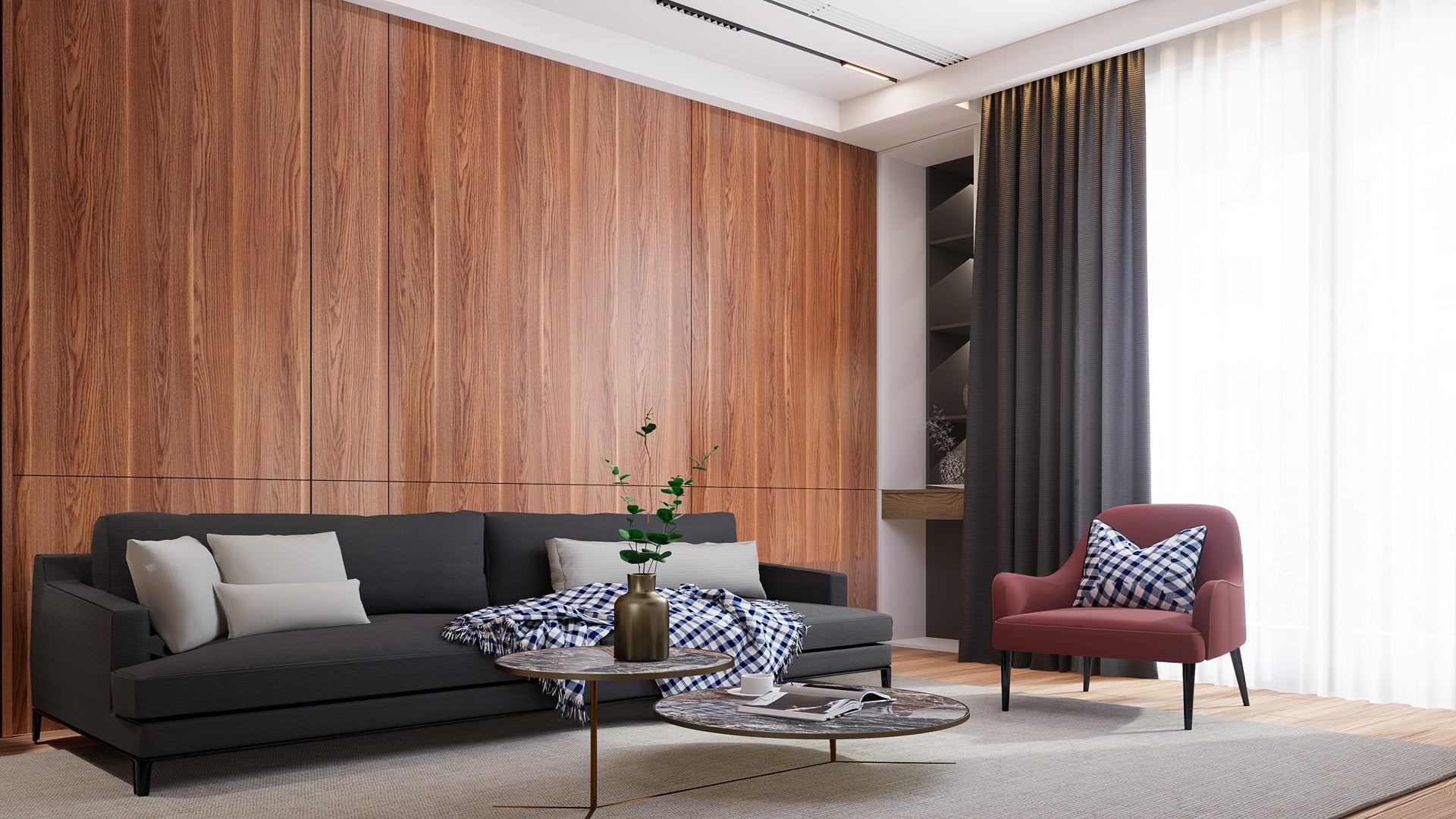 Brown wood laminate wall panels with wood grain texture in modern living room interior design setting with furniture and