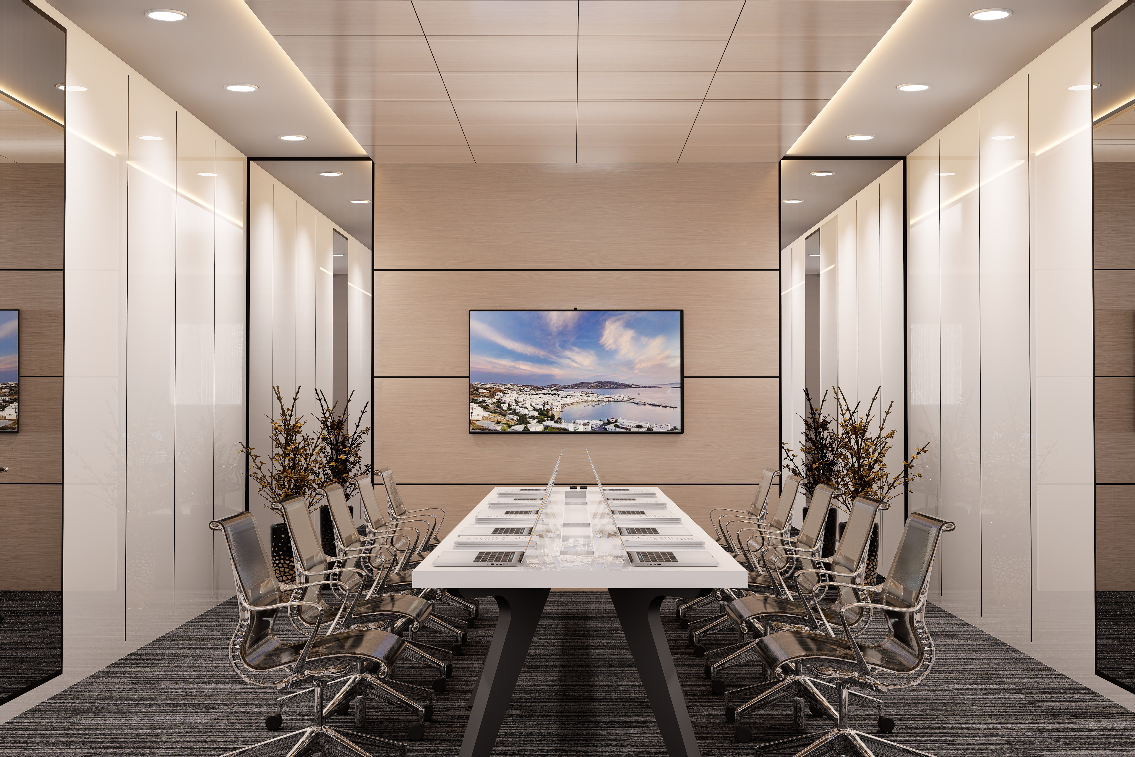 Beige wood laminate wall panels in modern conference room with glossy white partitions and minimalist decor