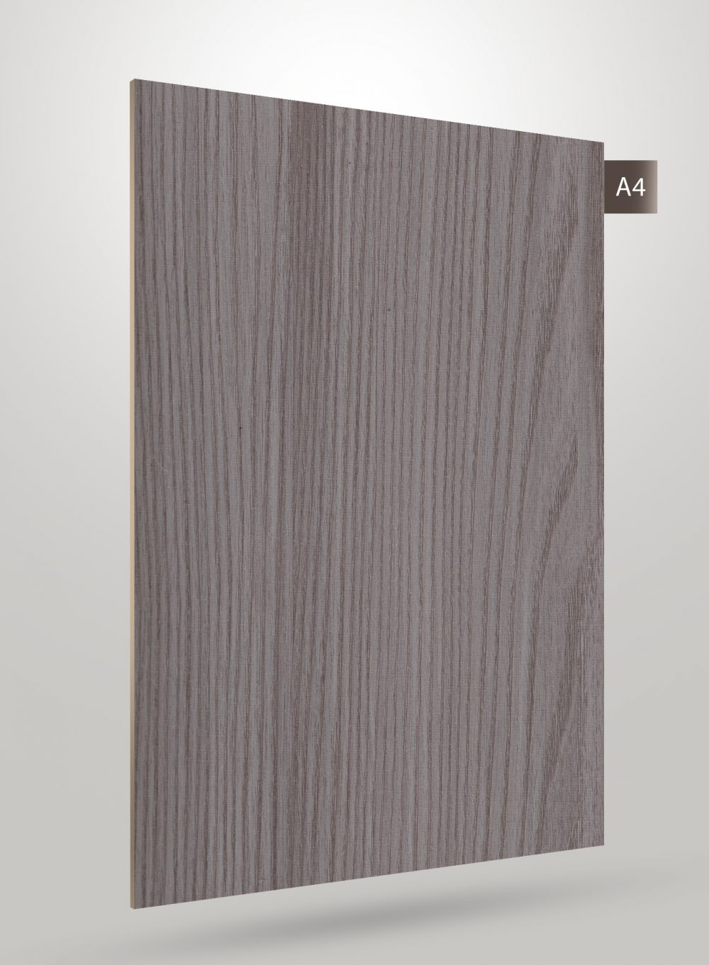Grey wood grain decorative laminate with matte finish and vertical wood pattern texture.