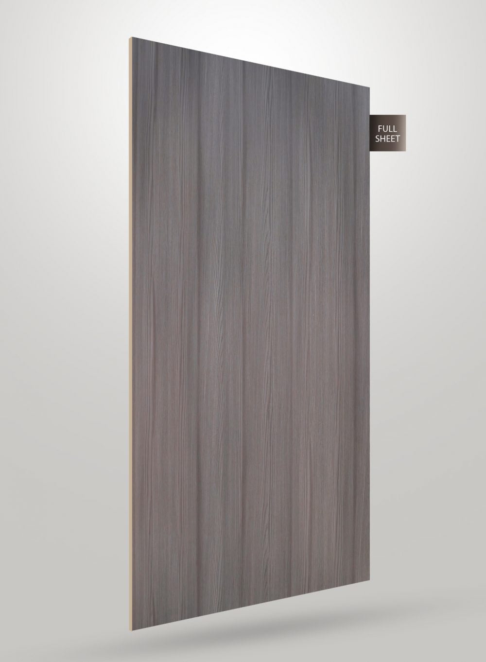 Grey wood grain decorative laminate with matte finish and vertical wood pattern, shown as a full sheet.