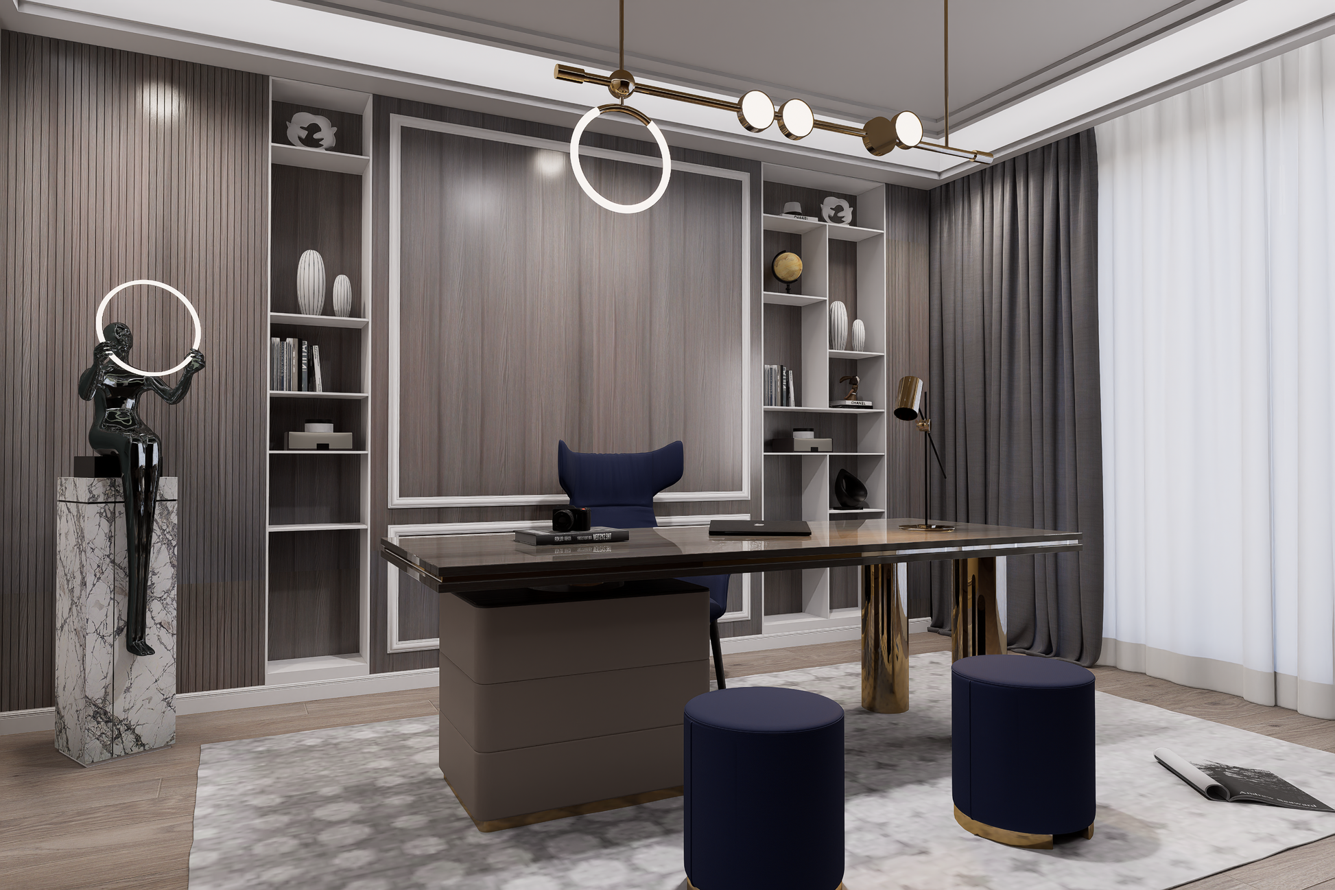 Grey wood laminate wall with matte finish and wood grain texture in a modern office setting with decorative elements