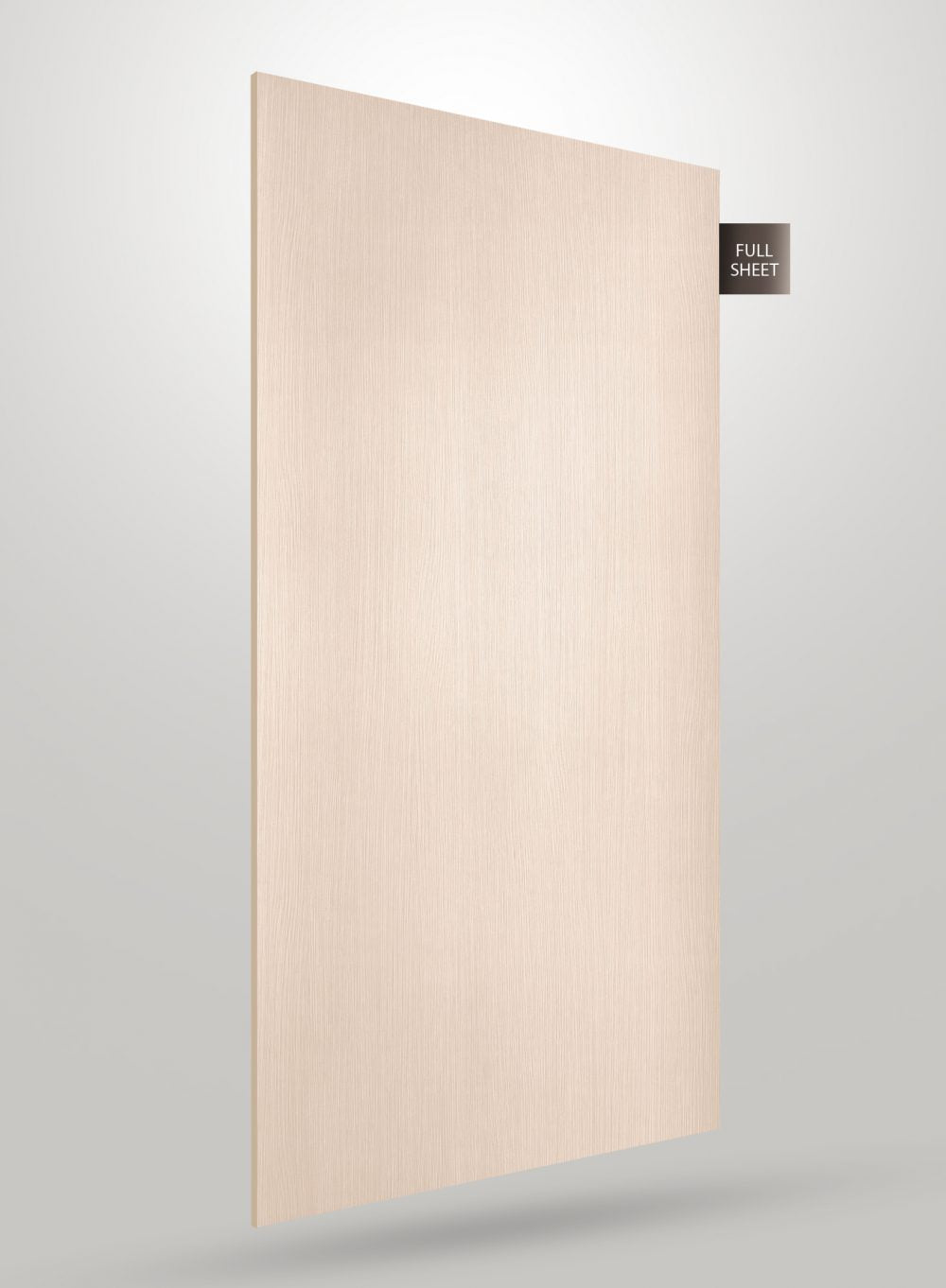 Beige wood grain decorative laminate sheet with matte finish and visible wood texture displayed on a gray background.