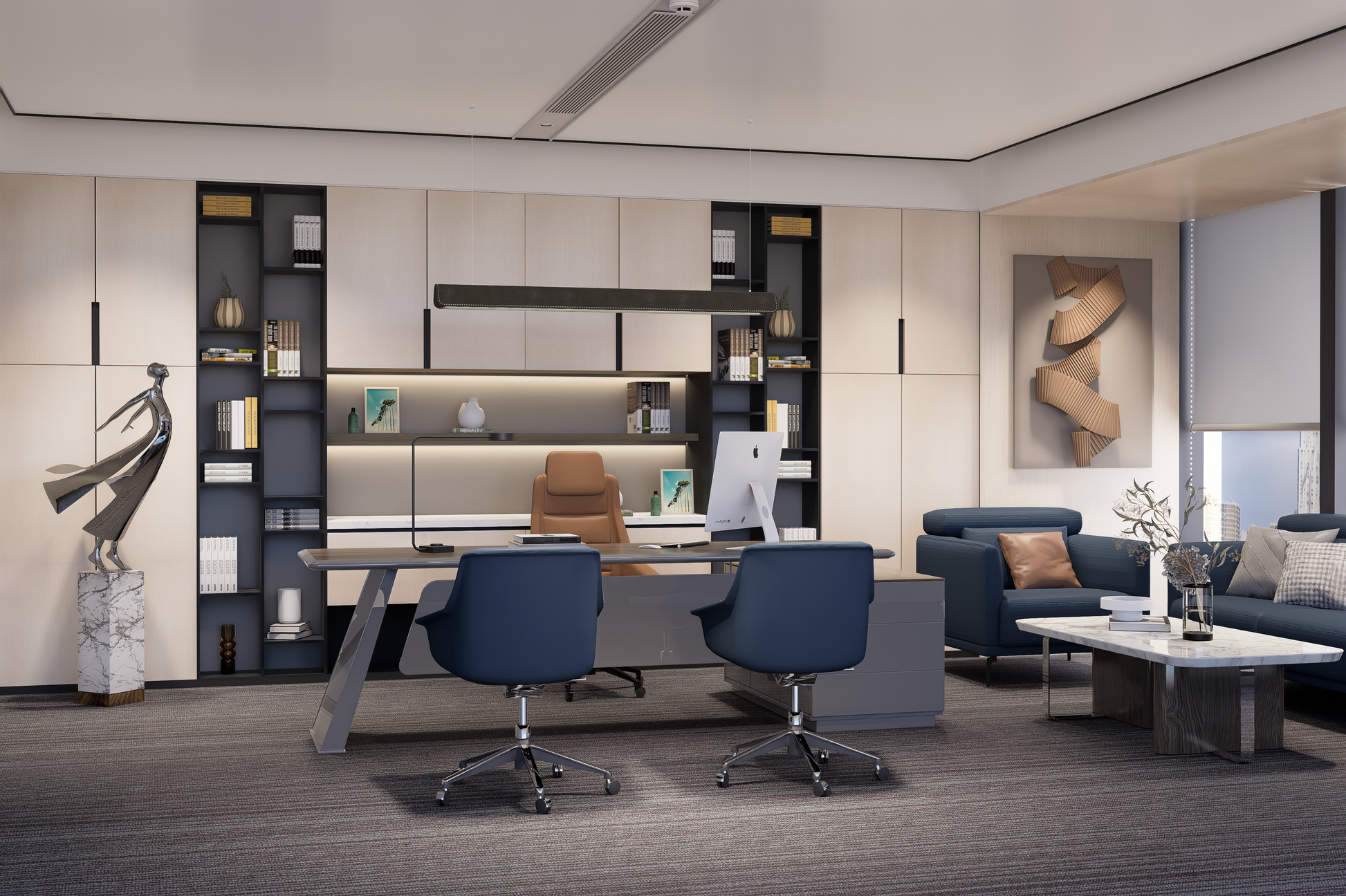 Beige wood laminate used on modern office cabinets and shelves with matte finish and wood grain texture visible throughout