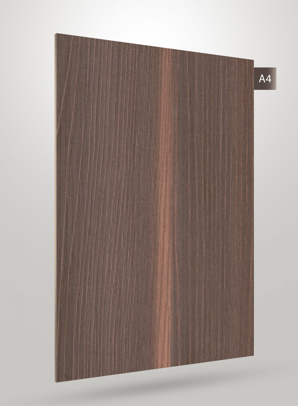 Brown wood grain decorative laminate with matte finish and vertical wood pattern texture.