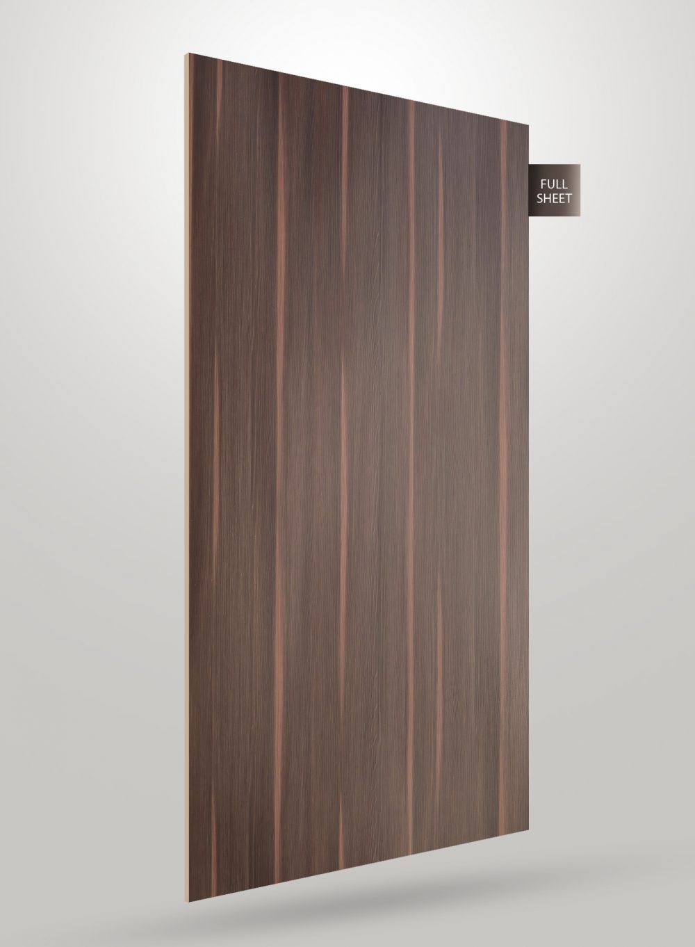 Brown wood grain laminate sheet with vertical stripes and matte finish, labeled full sheet on a light gray background.