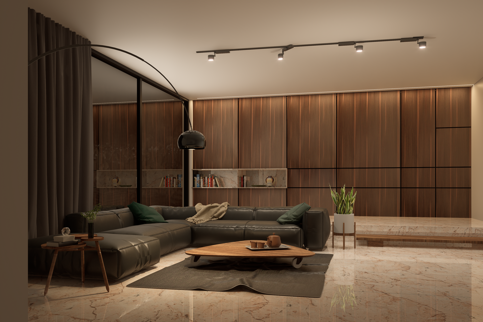 Brown wood laminate wall panels with matte finish in a modern living room setting with dark furniture and marble flooring