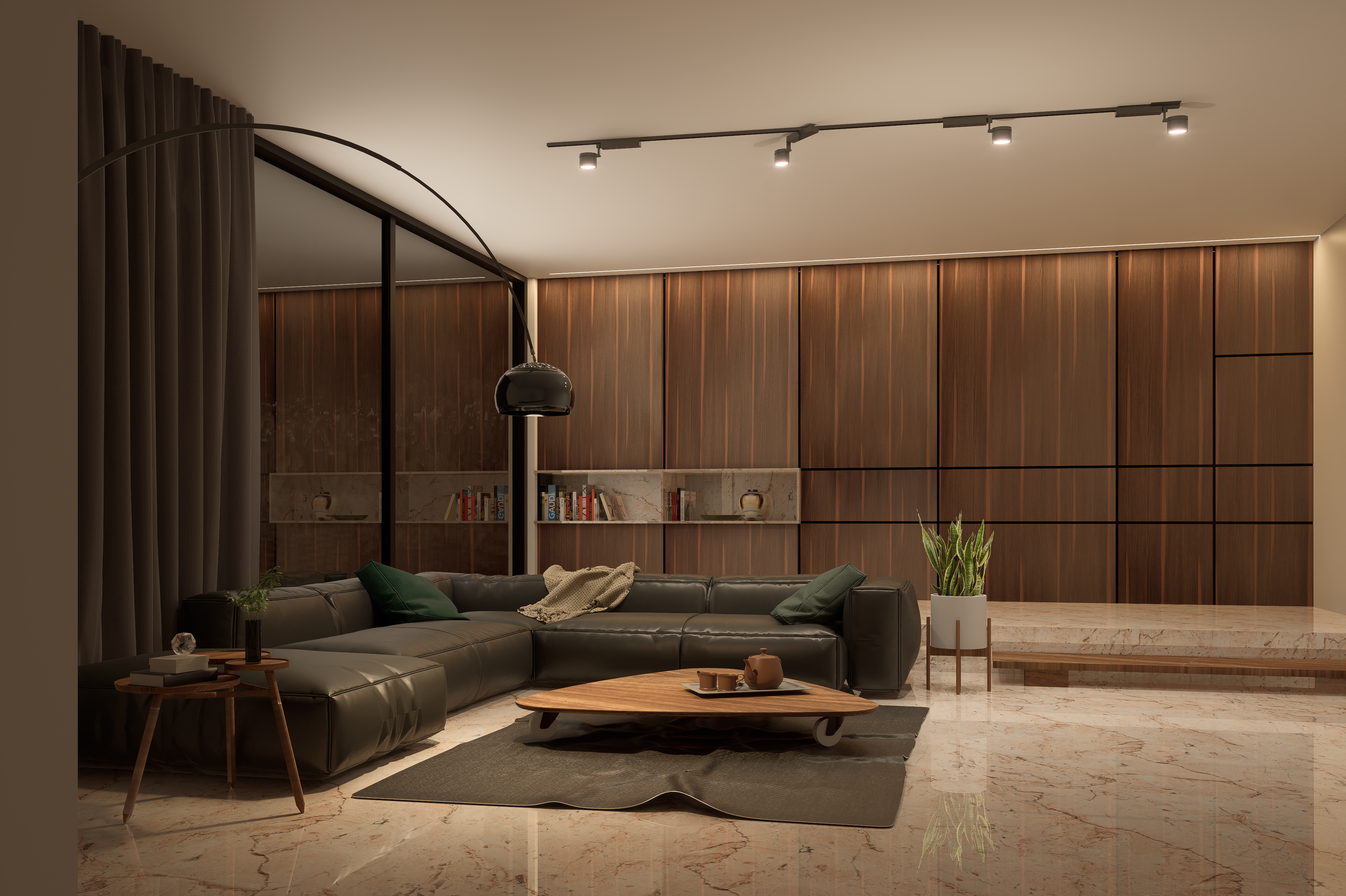 Brown wood laminate wall panels with matte finish in a modern living room setting with dark furniture and marble flooring