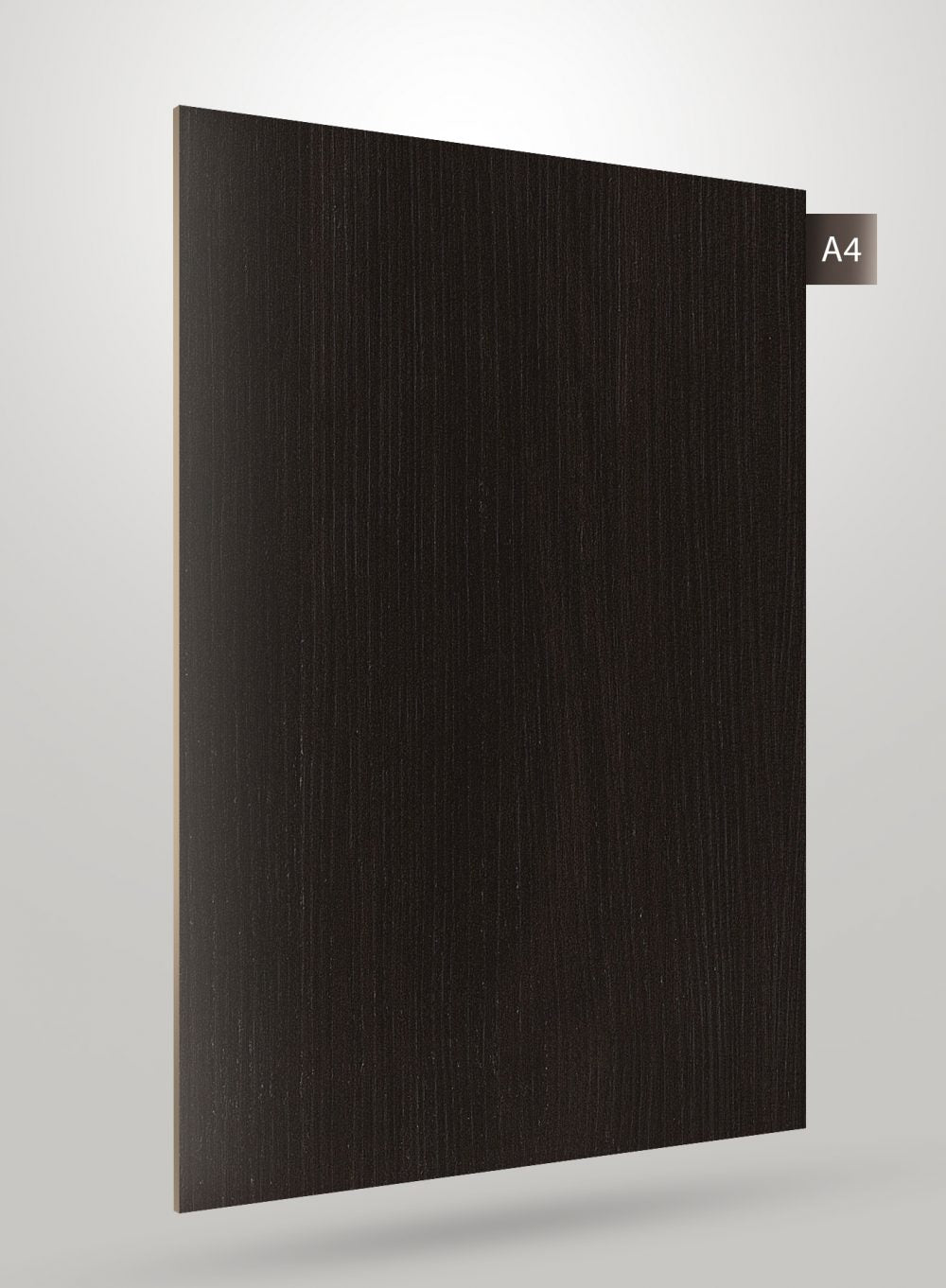 Grey wood grain decorative laminate with matte finish and vertical wood texture pattern on a sample board.