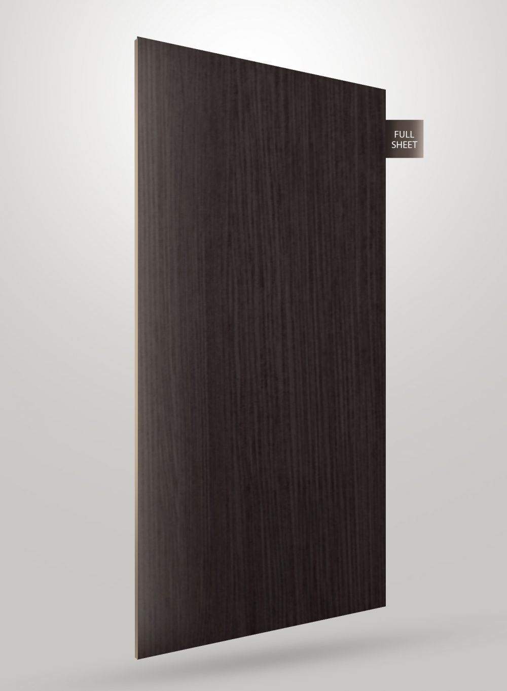 Grey wood grain decorative laminate with matte finish and vertical wood pattern on full sheet.