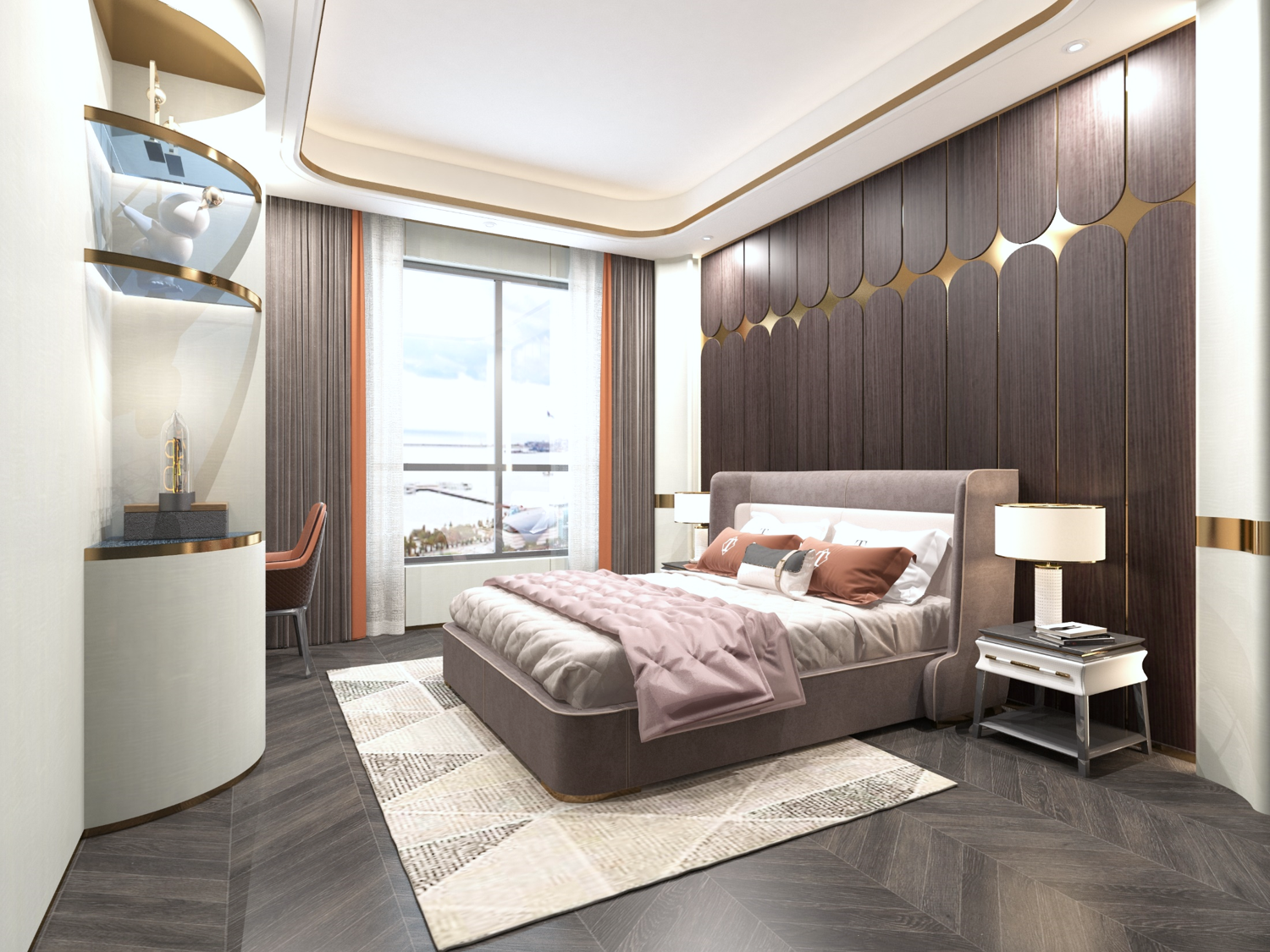Grey wood laminate wall with matte finish and wood grain texture in modern bedroom interior design setting with furniture
