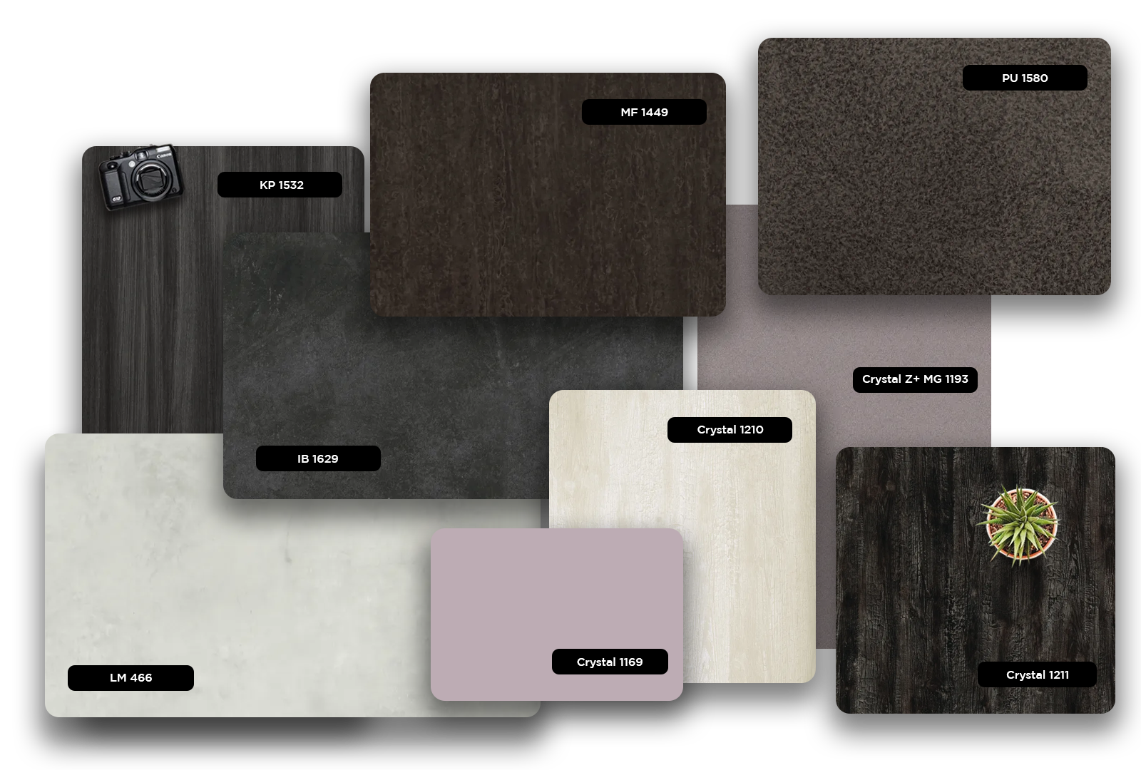 Multi-colored wood grain laminate samples with various textures and finishes displayed in a collage format with product